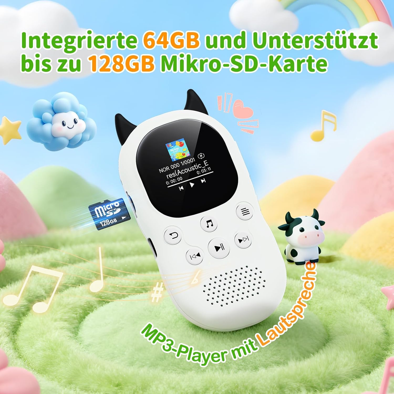 Weißer Kinder-MP3-Player mit Teufelshörnern und Lautsprecher auf grüner Wiese vor blauem Himmel mit Wolken.