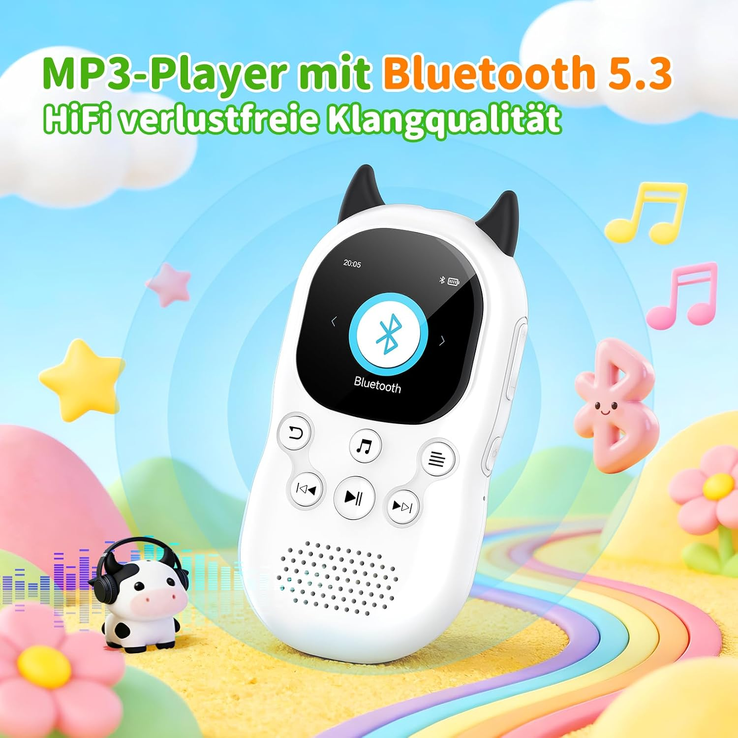 Weißer MP3-Player mit Teufelshörnern in einer bunten Cartoon-Landschaft mit Regenbogen.