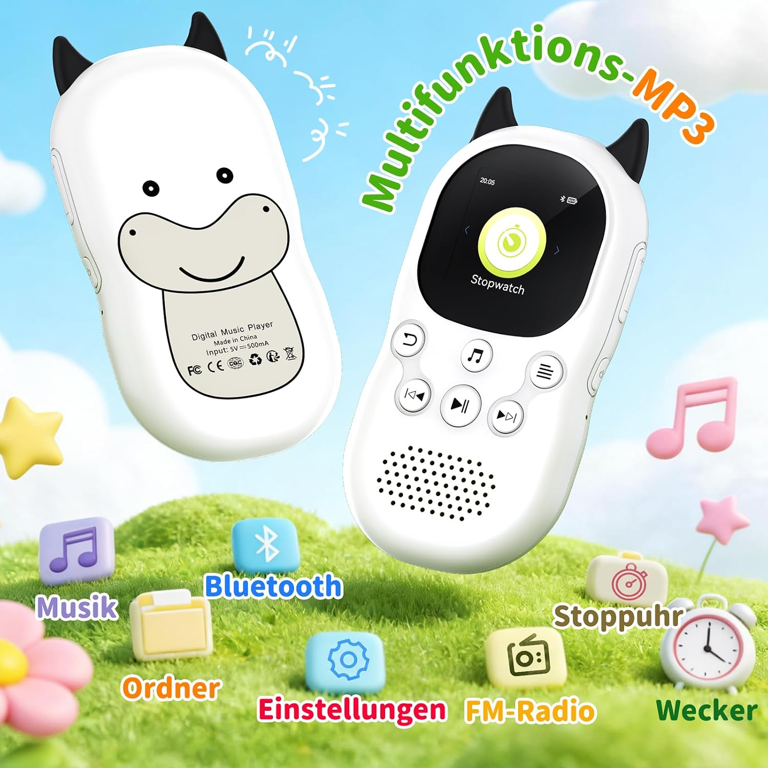 Zwei weiße MP3-Player mit kleinen schwarzen Hörnern und Cartoon-Gesicht schweben über einer grünen Wiese mit App-Icons.