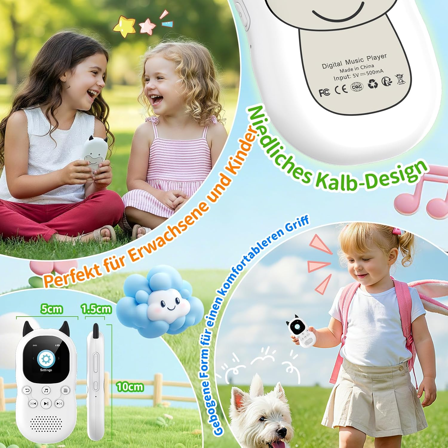 Kinder lächeln draußen und spielen mit einem kleinen, tierförmigen Musikplayer.