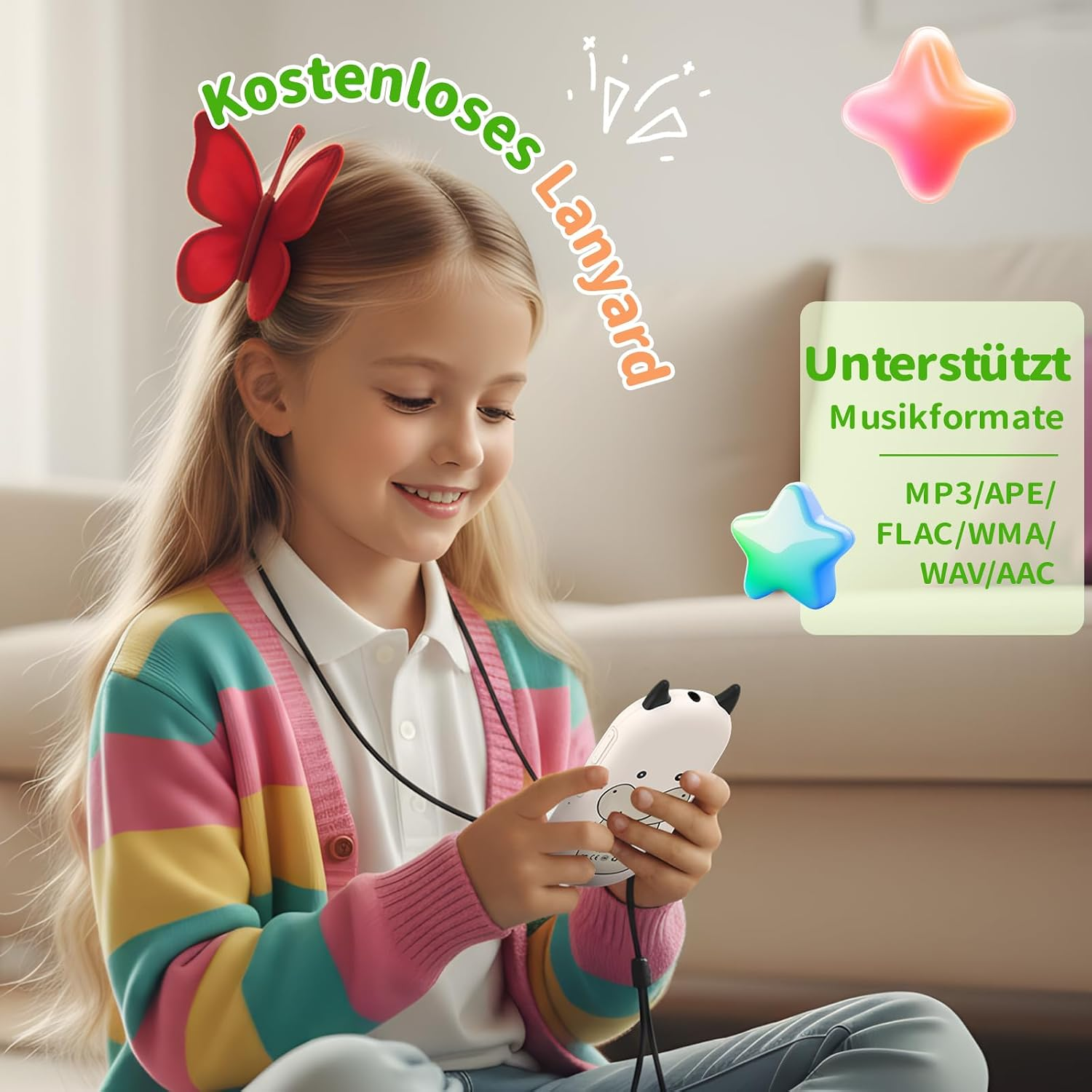 Ein junges Mädchen mit roter Schmetterlingsspange hält ein weißes Musikgerät mit schwarzem Tragegurt in den Händen.
