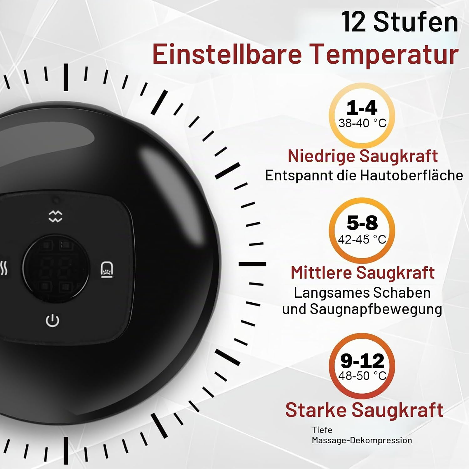Ein schwarzes Cupping-Gerät mit 12 Temperatur- und Saugstufen, mit Einstellungen auf Deutsch.