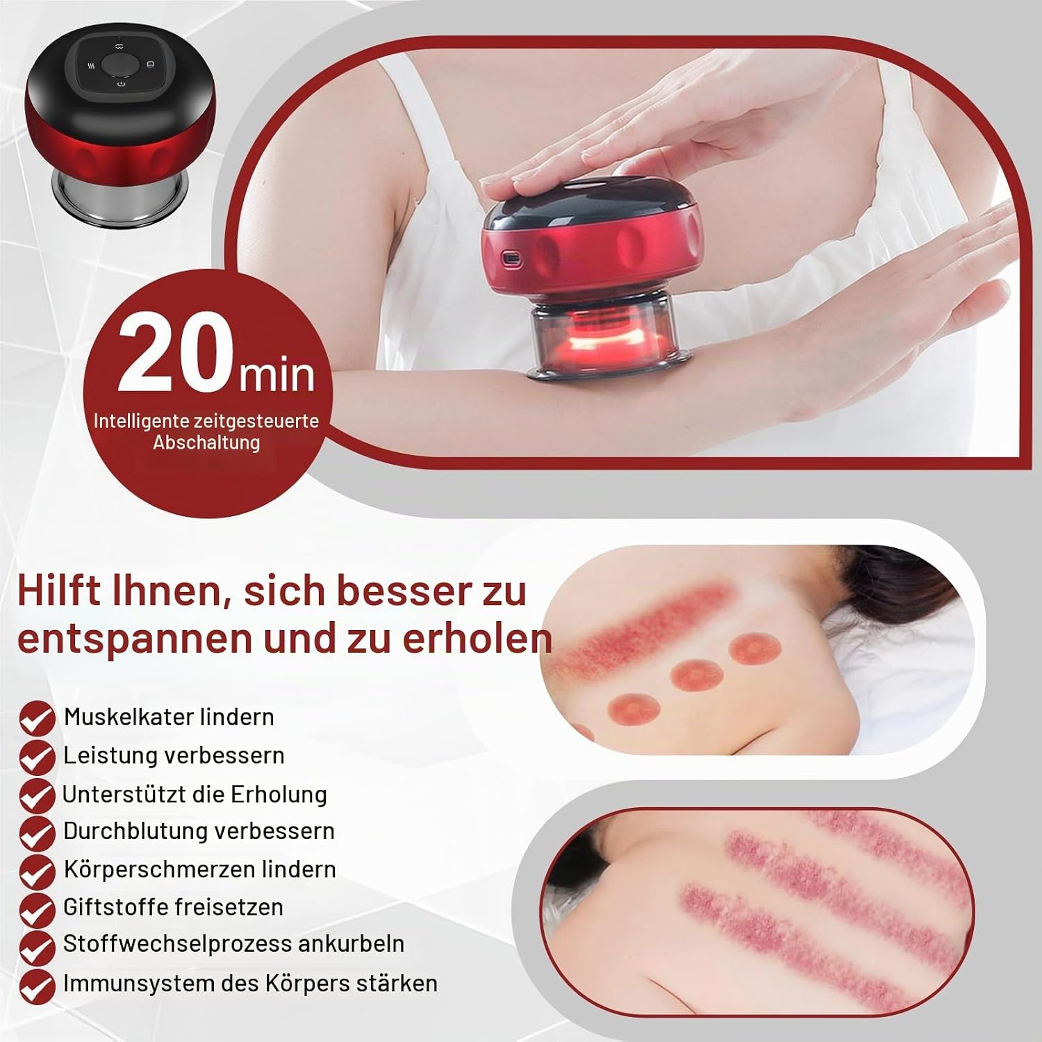 Ein rotes elektrisches Cupping-Gerät wird auf dem Arm angewendet, mit deutscher Textbeschreibung und Hautmarkierungen.