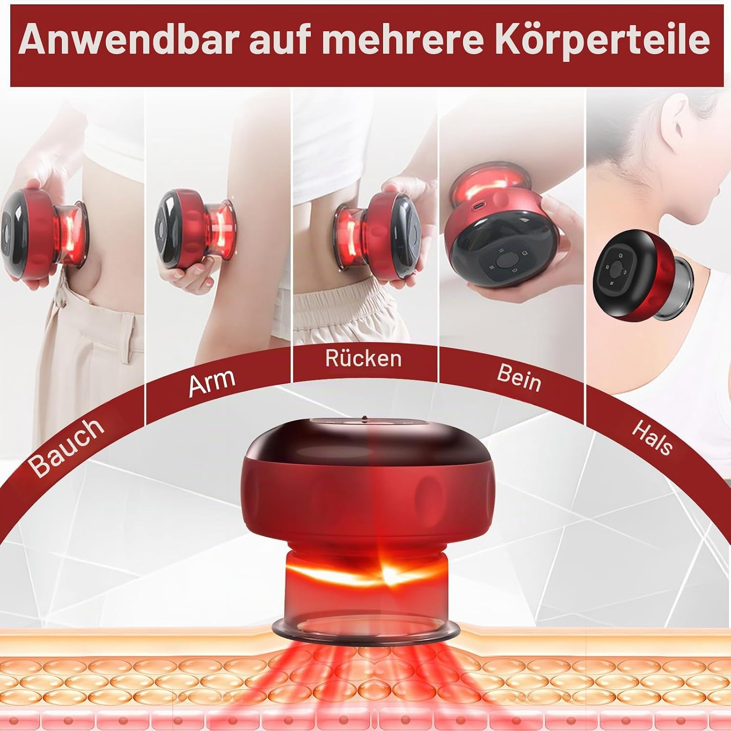 Ein rotes Schröpfgerät wird an verschiedenen Körperteilen wie Bauch, Arm, Rücken, Bein und Hals angewendet.