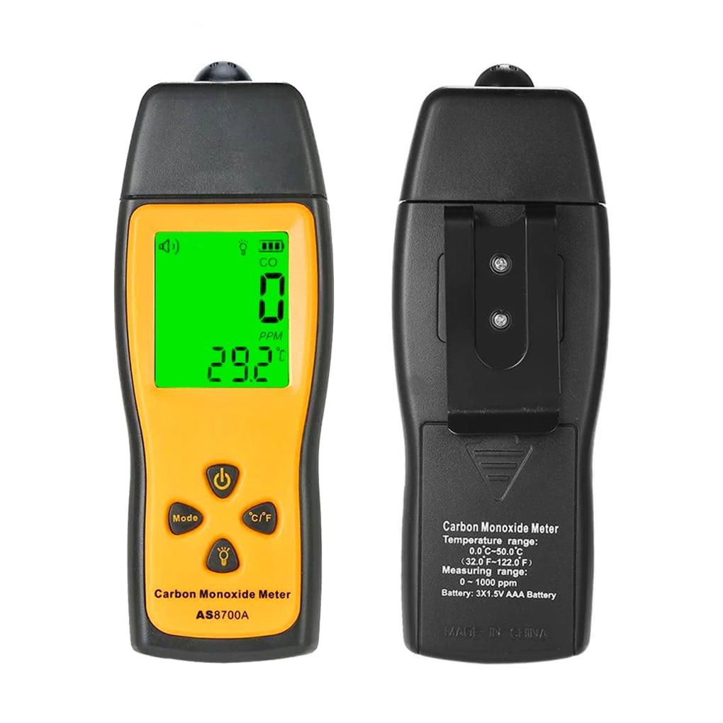 Vorder- und Rückseite eines gelb-schwarzen Kohlenmonoxid-Messgeräts mit grünem Display.
