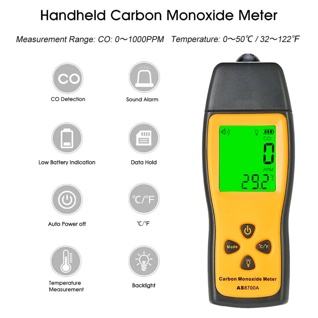 Ein gelb-schwarzes Handmessgerät für Kohlenmonoxid mit grünem Display und Funktionen wie Ton, Batterie und Temperatur.