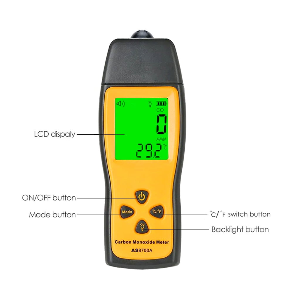 Ein schwarz-gelbes Kohlenmonoxidmessgerät mit LCD-Display und Bedientasten, deren Funktionen beschriftet sind.