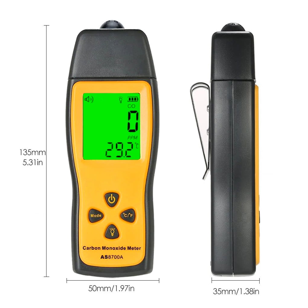 Gelb-schwarzer Kohlenmonoxidmesser mit grünem Display und Maßen.