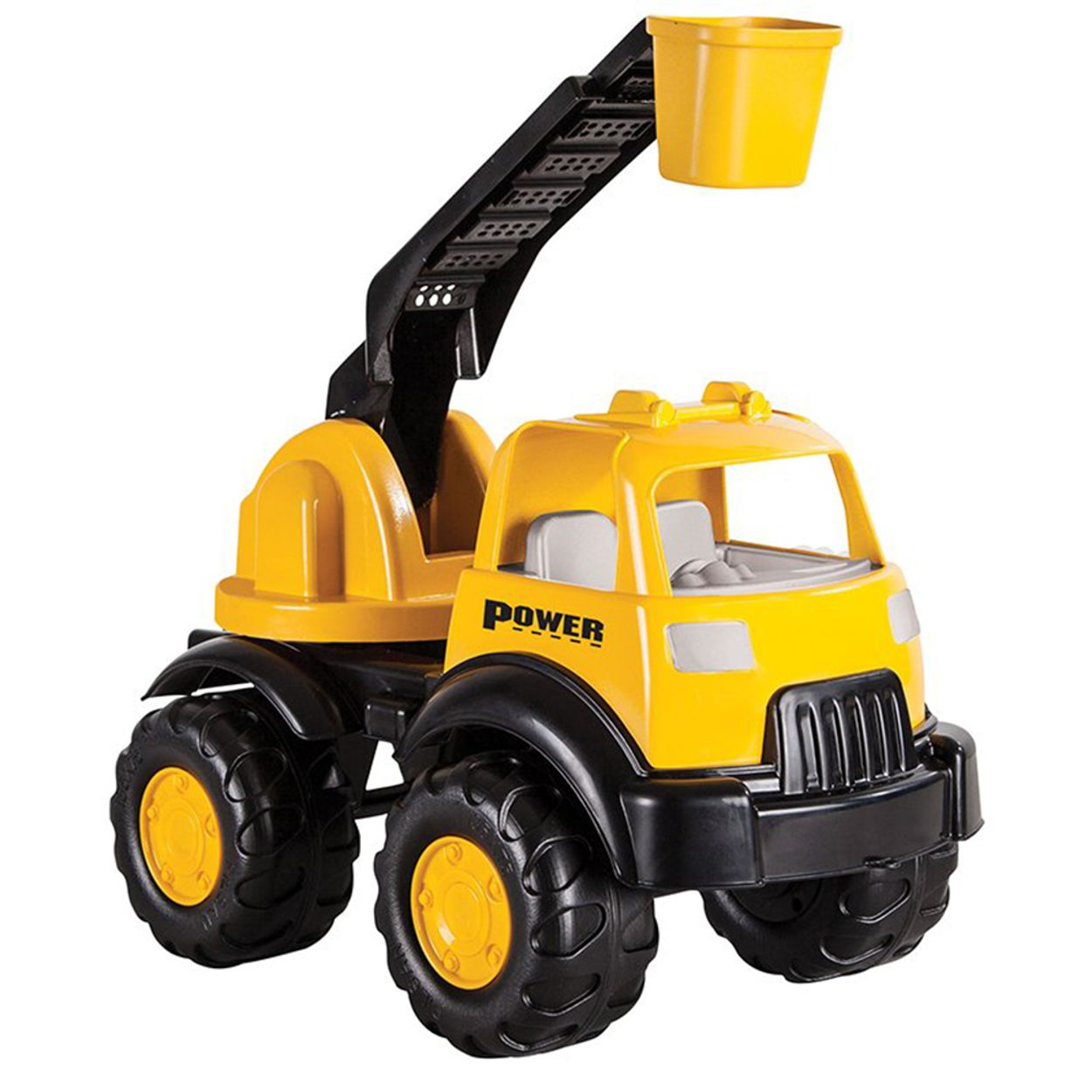 Gelber Spielzeug-Lastwagen mit schwarzem Kran und Eimer auf weißem Hintergrund.