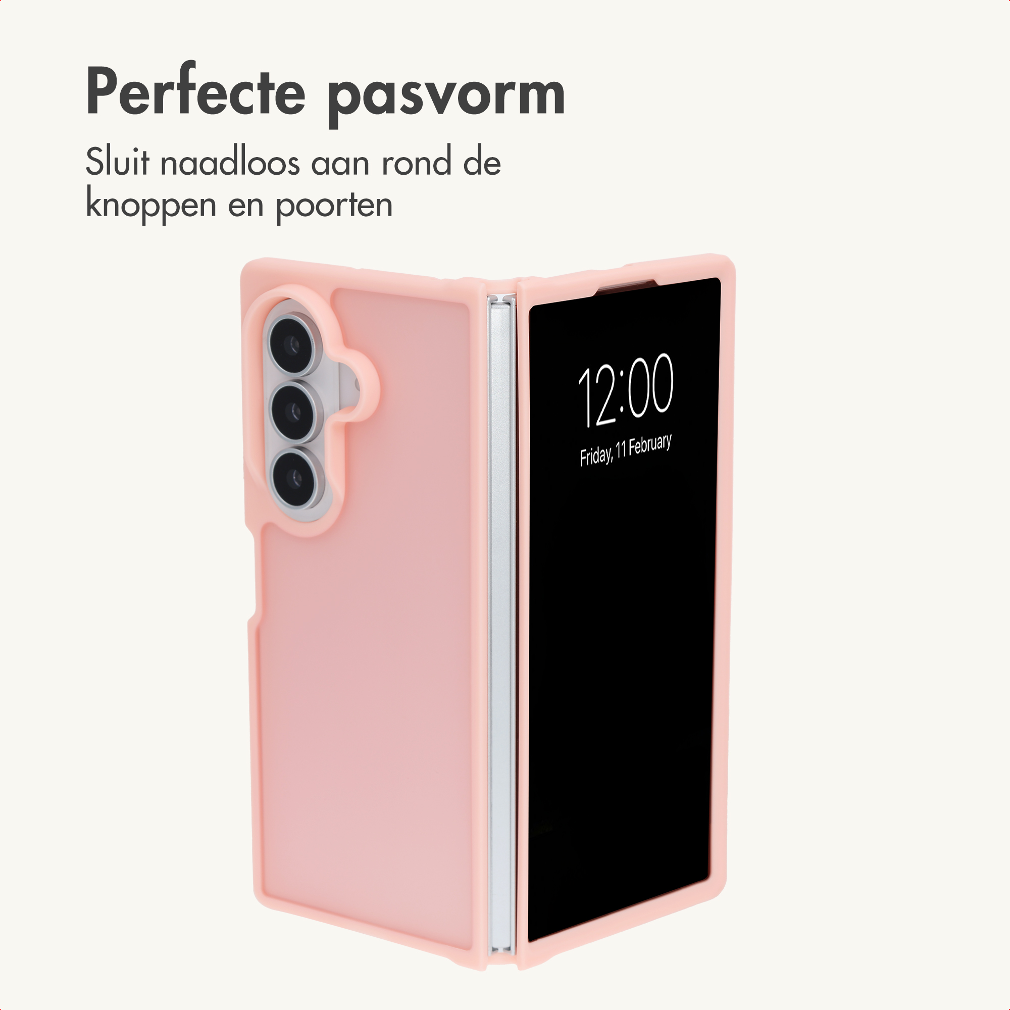 Ein rosa faltbares Smartphone in einer passenden rosa Hülle mit Rückkamera und Frontbildschirm.