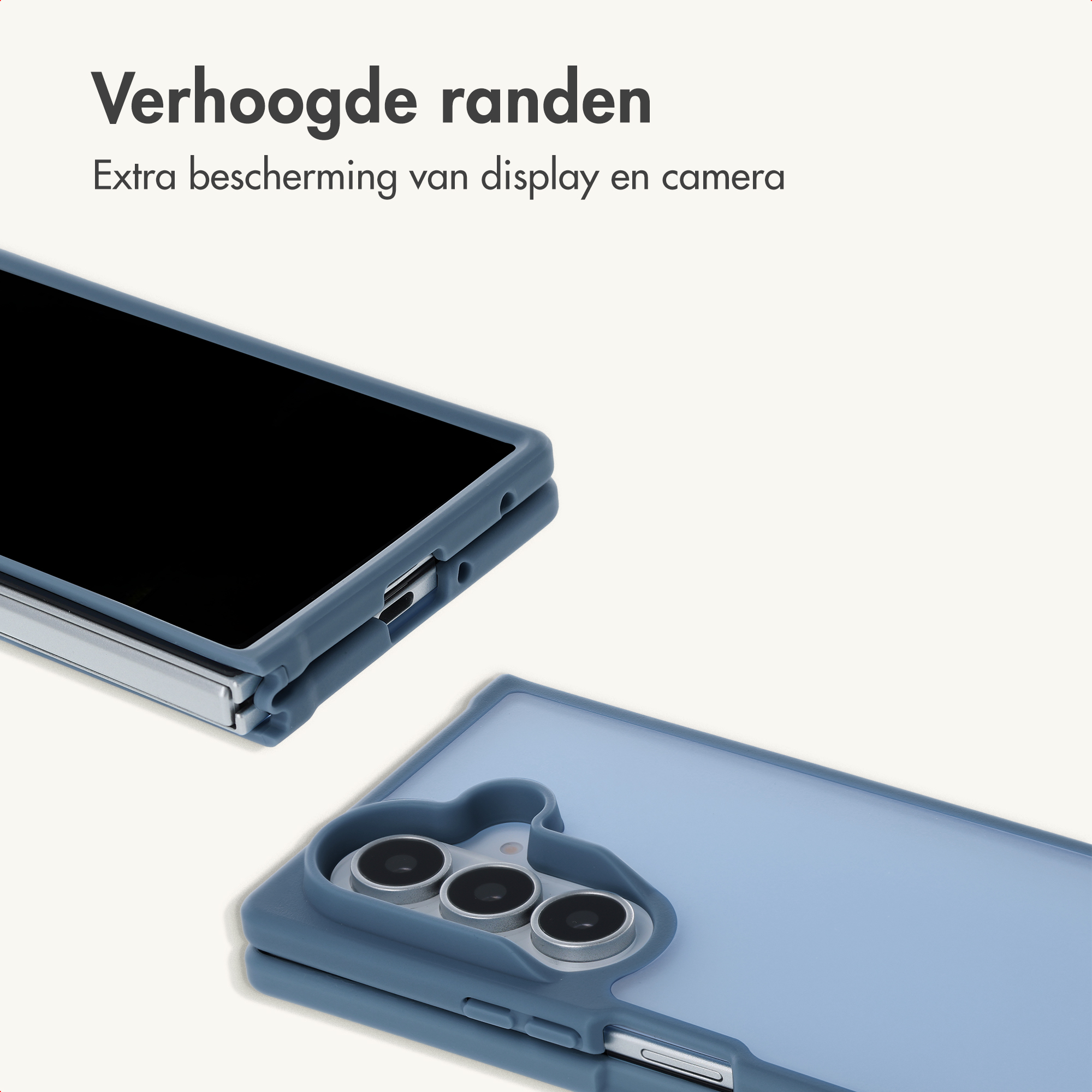 Eine gefaltete blaue Handyhülle zeigt Kamera- und Displayränder.