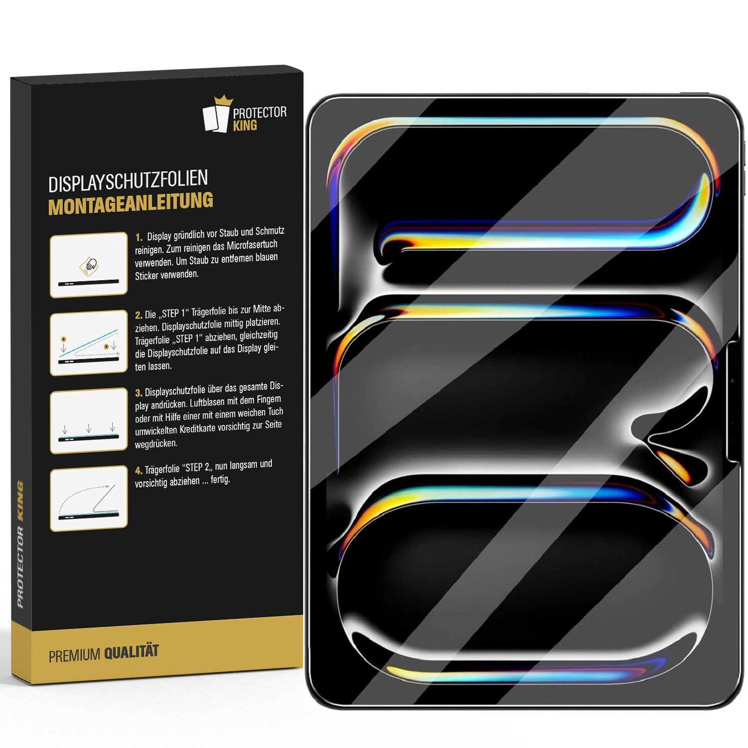 Protector King Verpackung neben einem Tablet mit leuchtend bunten Lichtreflexen auf dem Display.