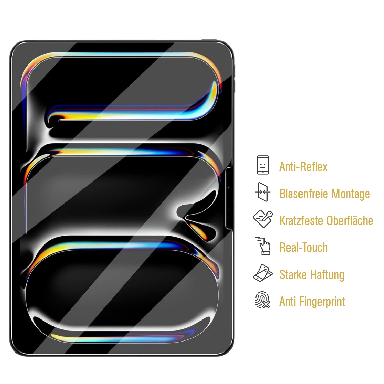 Ein Tablet mit Glas-Displayschutzfolie und sechs Feature-Symbolen rechts.