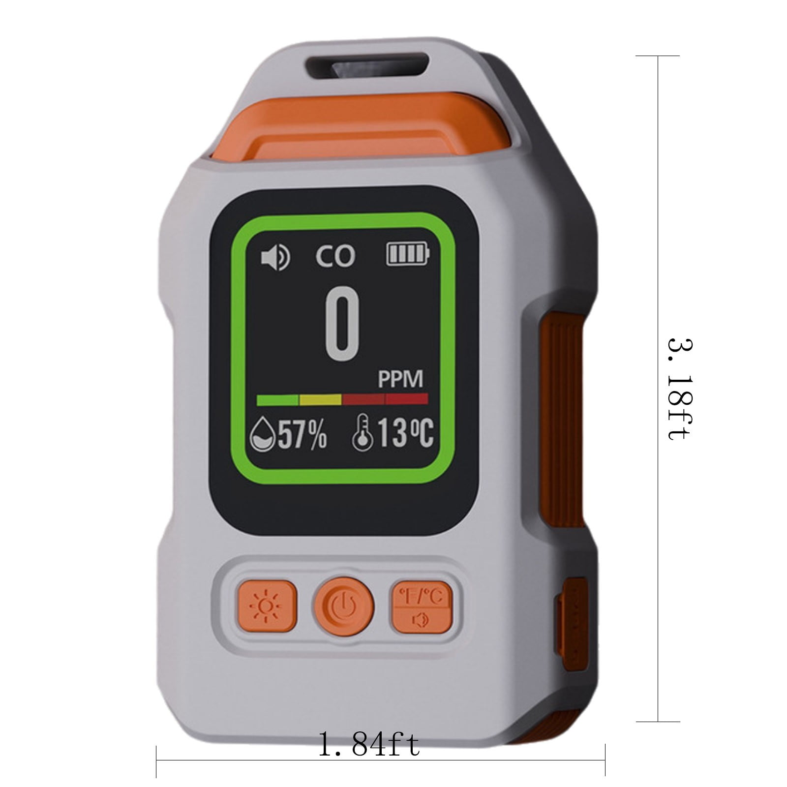 Grau-orange CO-Messgerät mit grünem Bildschirm, zeigt 0 PPM, 57% Luftfeuchtigkeit und 13°C an, Maße 3,18 x 1,84 ft.