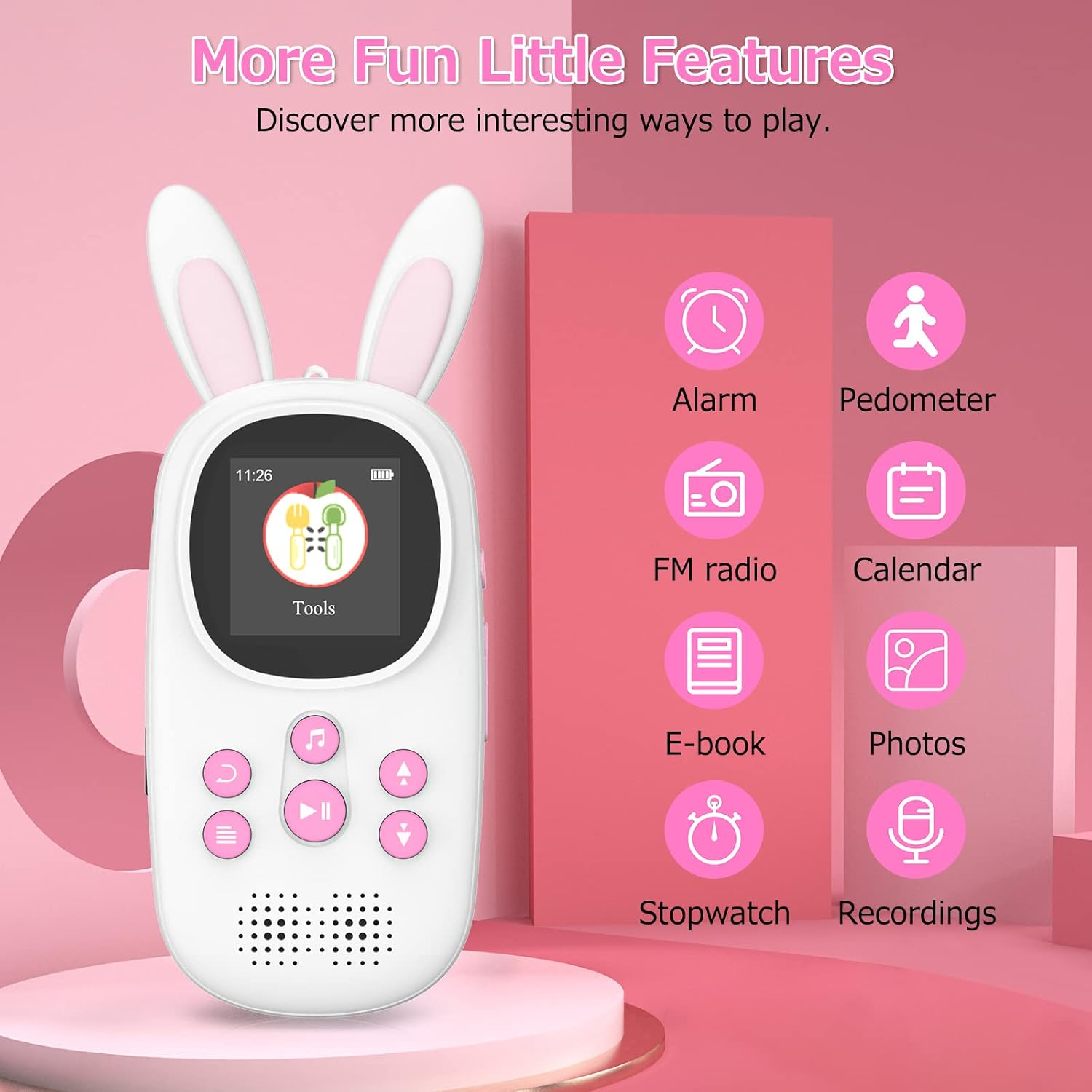 Eine weiße Kinder-Smartwatch mit Hasenohren und rosa Tasten, neben Funktionssymbolen vor rosa Hintergrund.