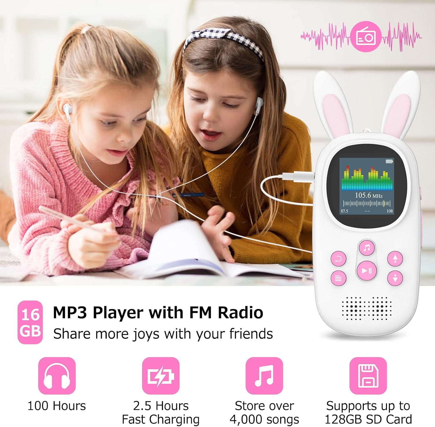 Zwei Mädchen lesen, während eine weiße MP3-Player mit Hasenohren und Kopfhörern zu sehen ist.