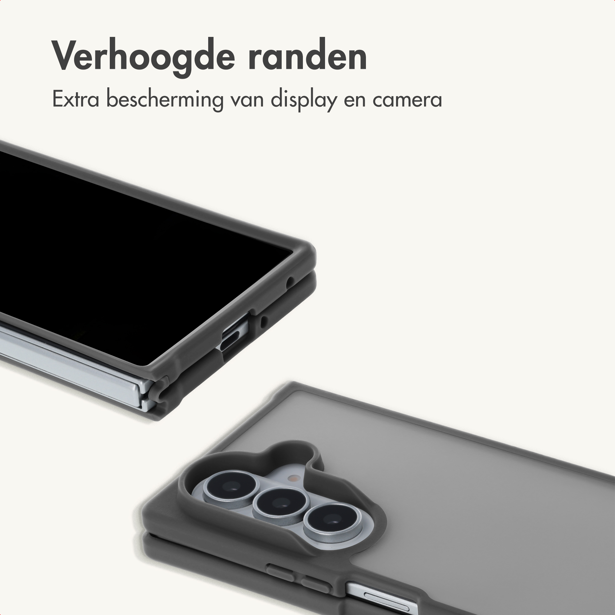 Smartphone in grauer Schutzhülle mit erhöhten Rändern und Kameraausschnitt vor hellem Hintergrund.