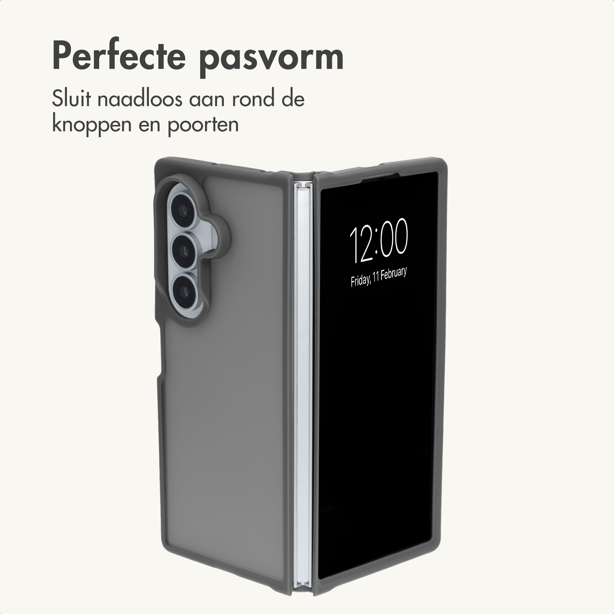 Ein faltbares Smartphone in einer grauen Schutzhülle mit Text.