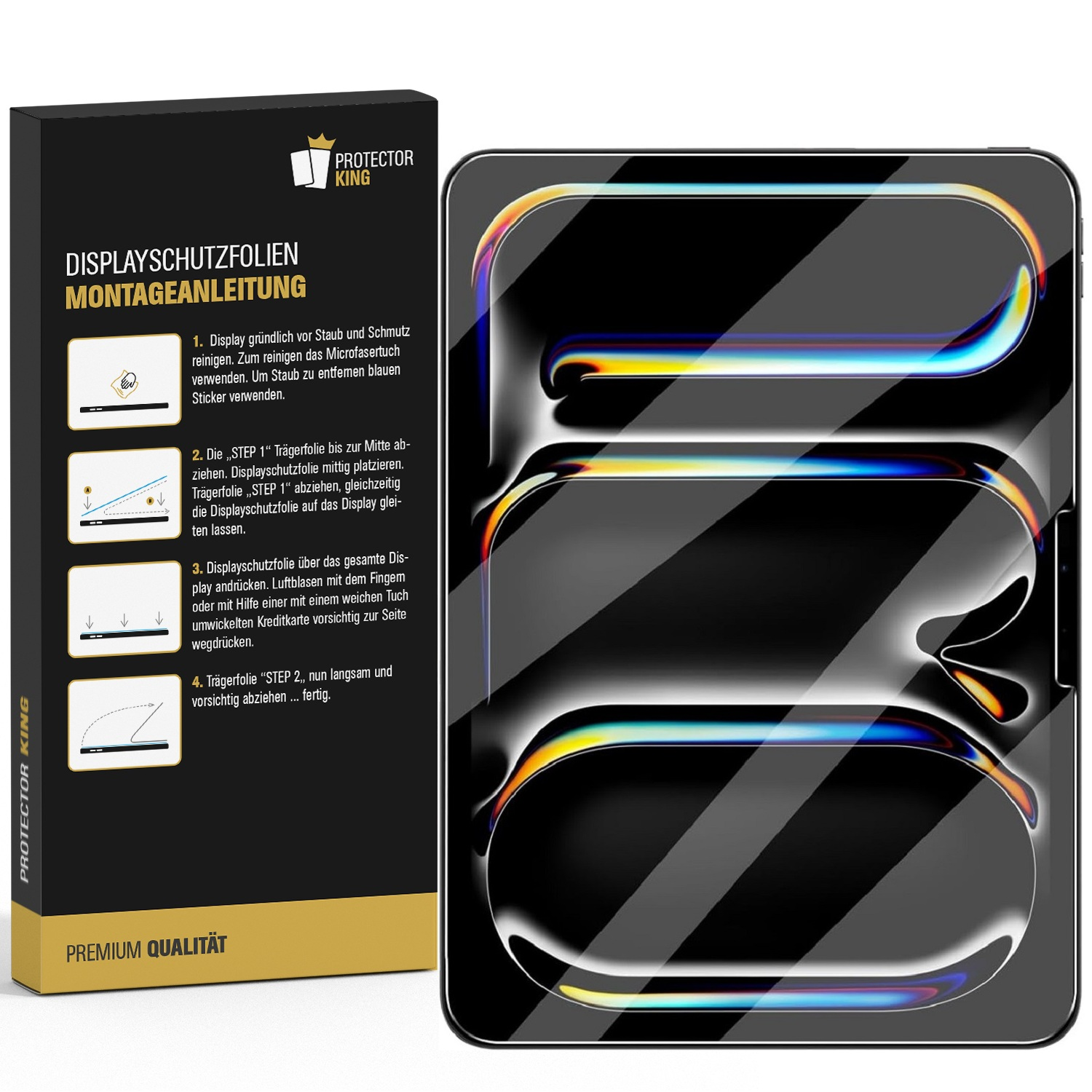 Displayschutzfolien-Verpackung mit Montageanleitung und ein Tablet mit Displayschutz.