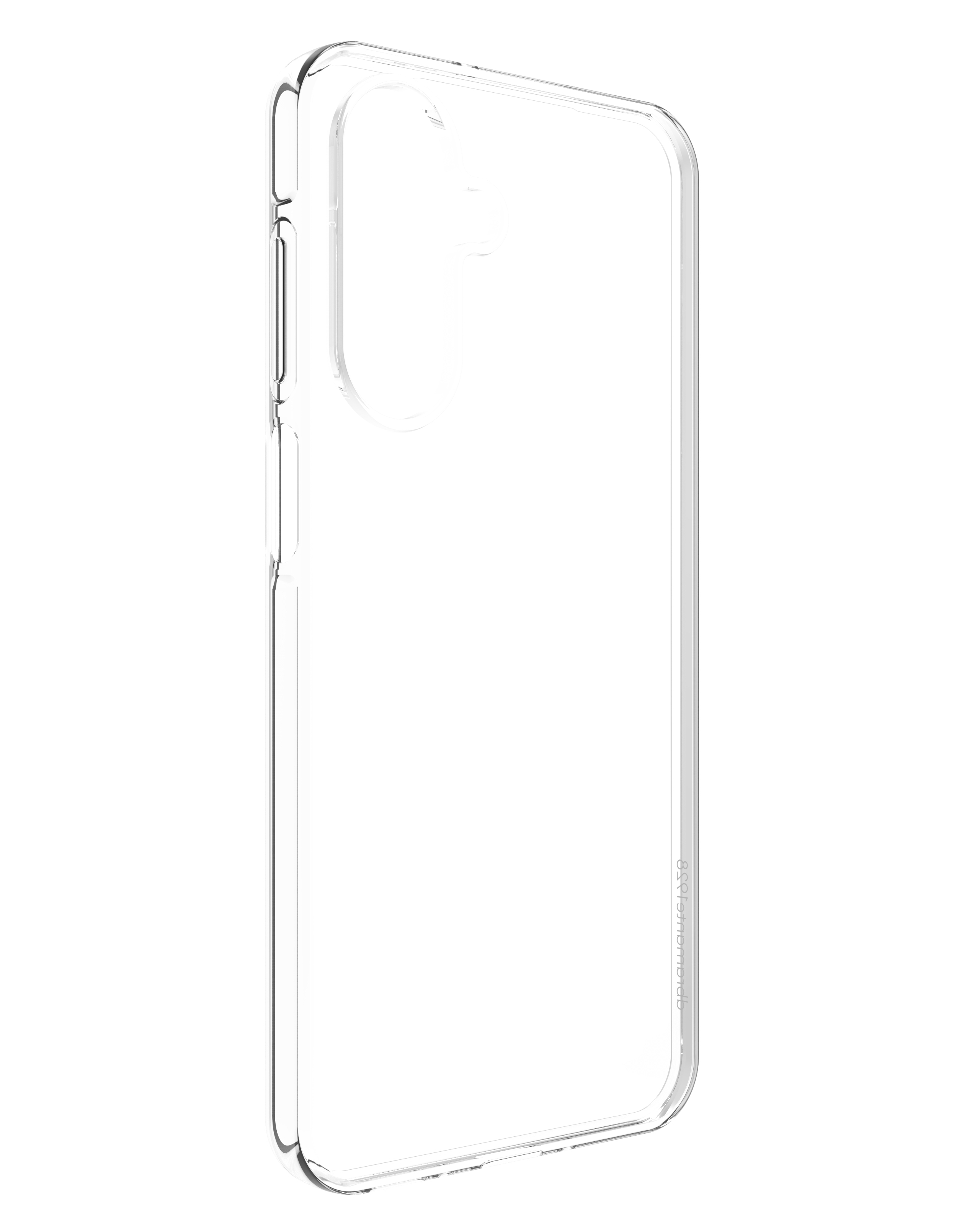 Eine transparente Schutzhülle für ein Smartphone mit Aussparungen für Kamera und Tasten vor weißem Hintergrund.
