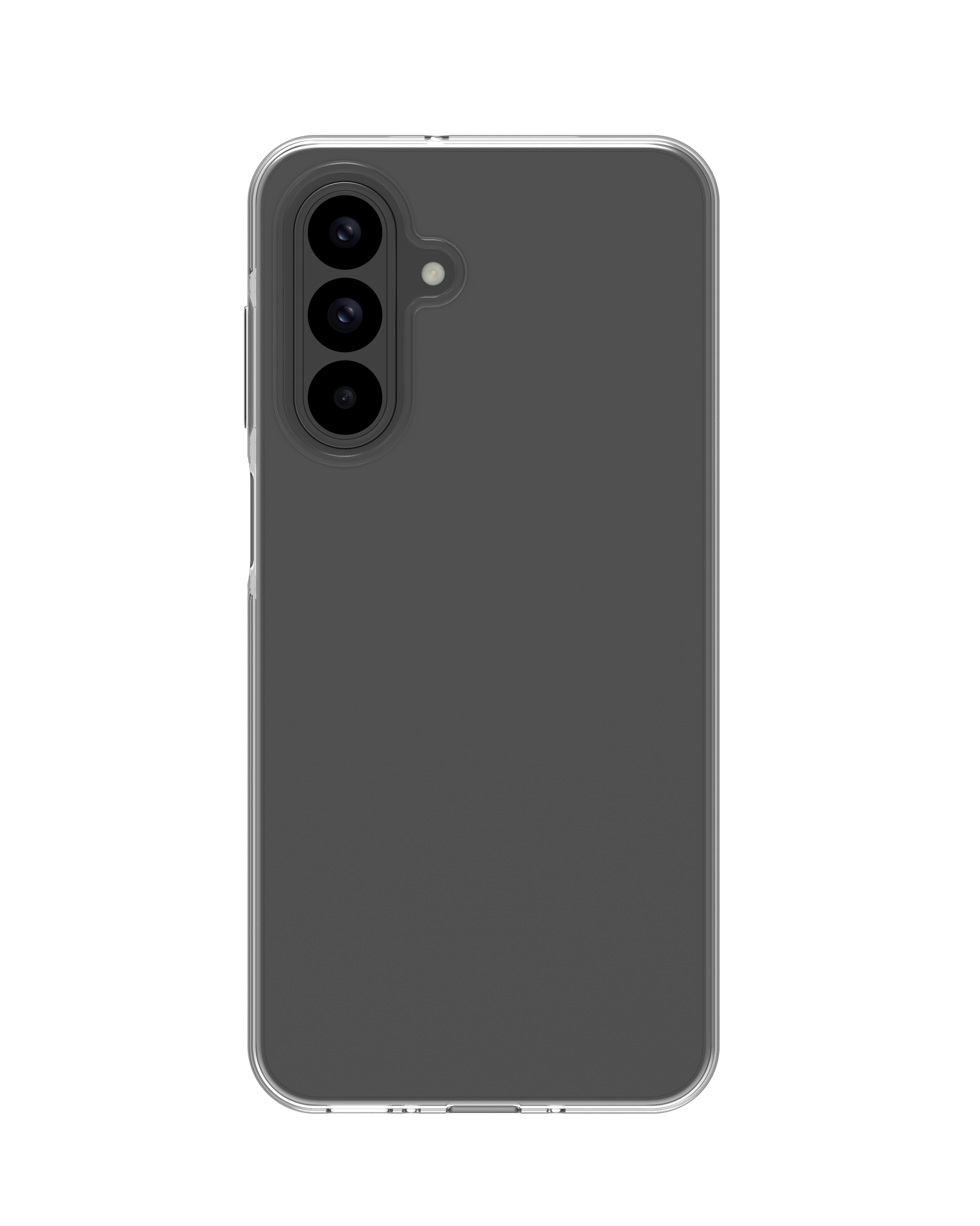 Ein graues Smartphone in transparenter Hülle mit drei vertikalen Rückkameras vor weißem Hintergrund.