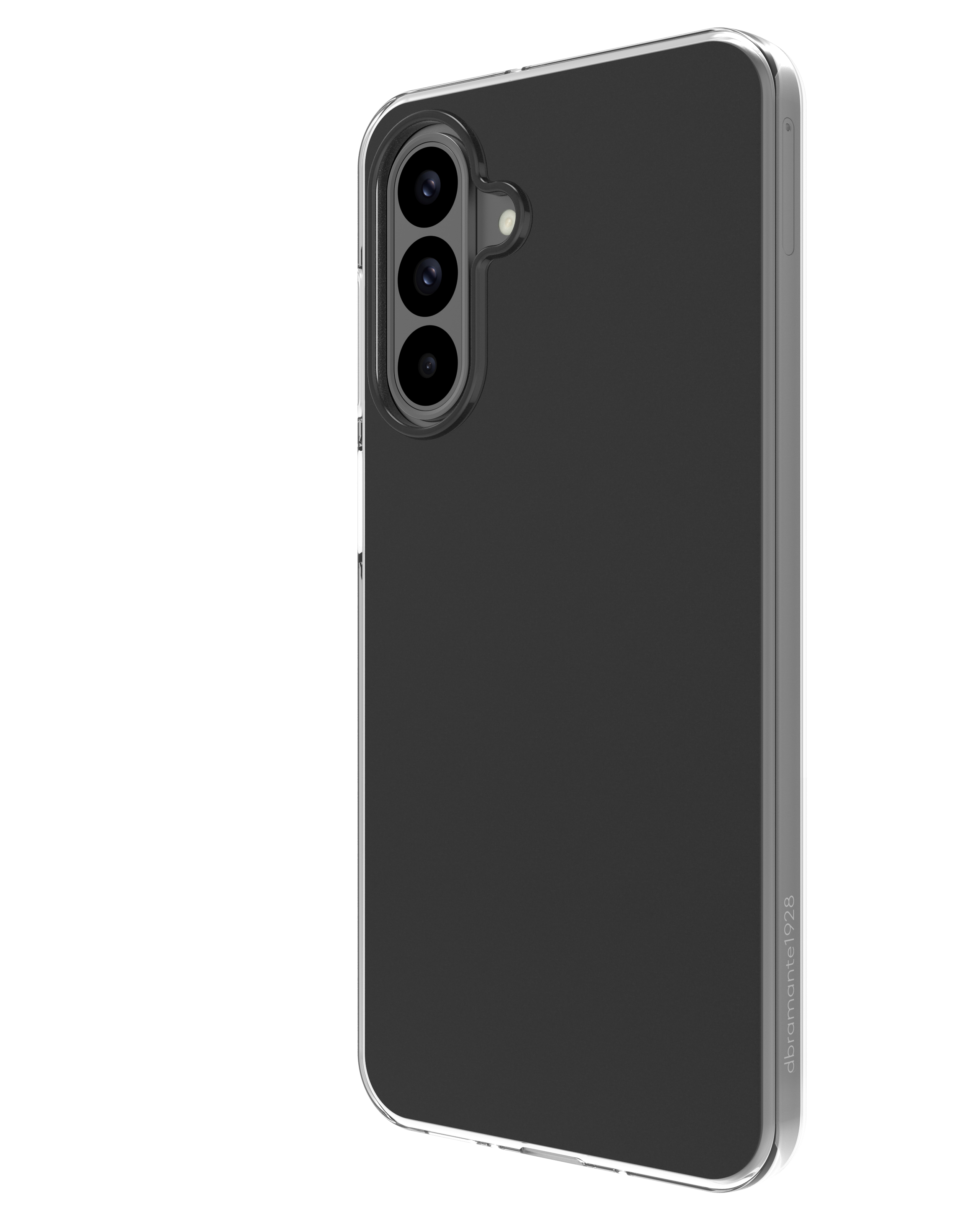 Ein schwarzes Smartphone in einer klaren Schutzhülle mit vertikaler Dreifachkamera auf der Rückseite.