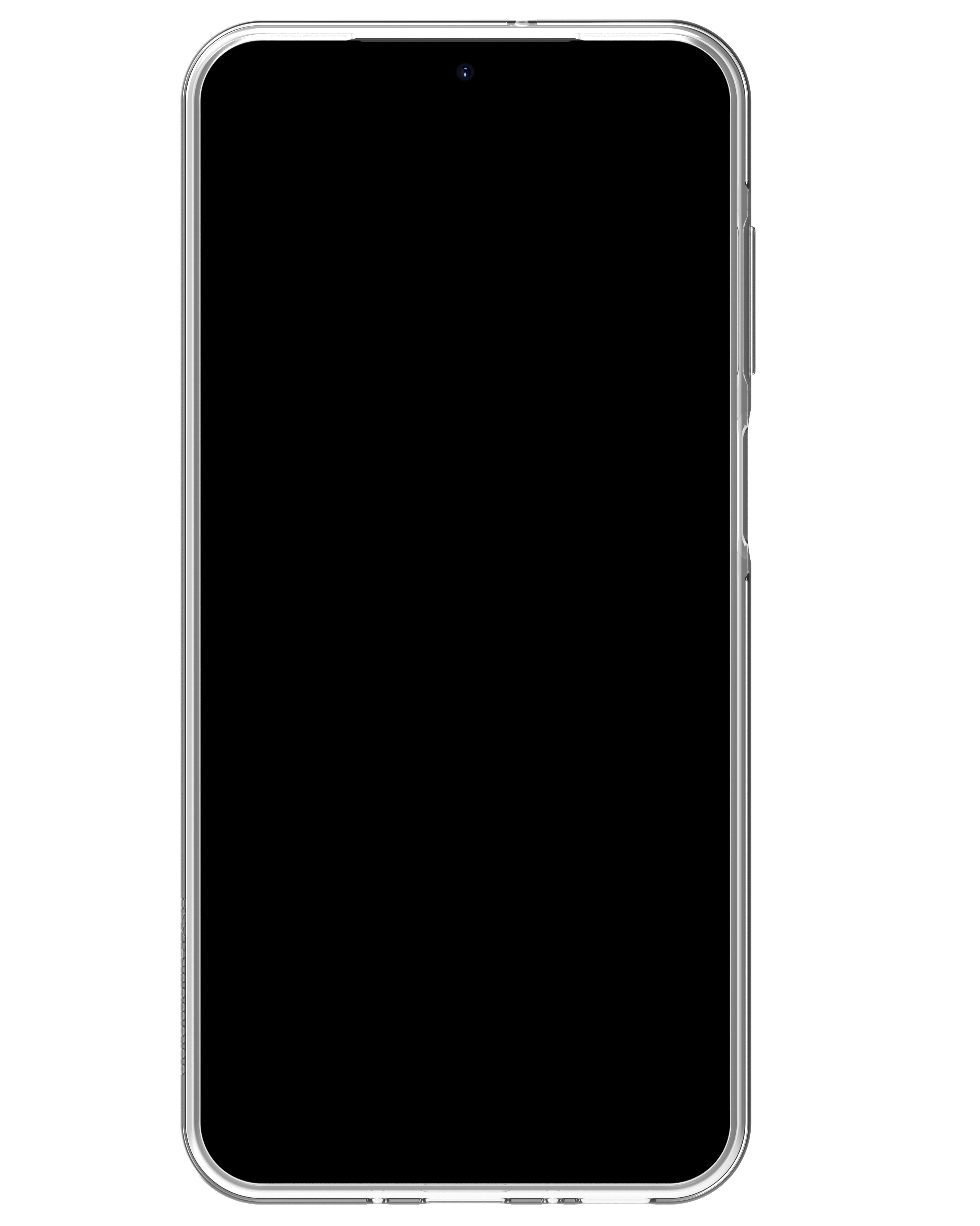 Vorderansicht eines Smartphones mit klarer Schutzhülle auf weißem Hintergrund, mit schwarzem Bildschirm.