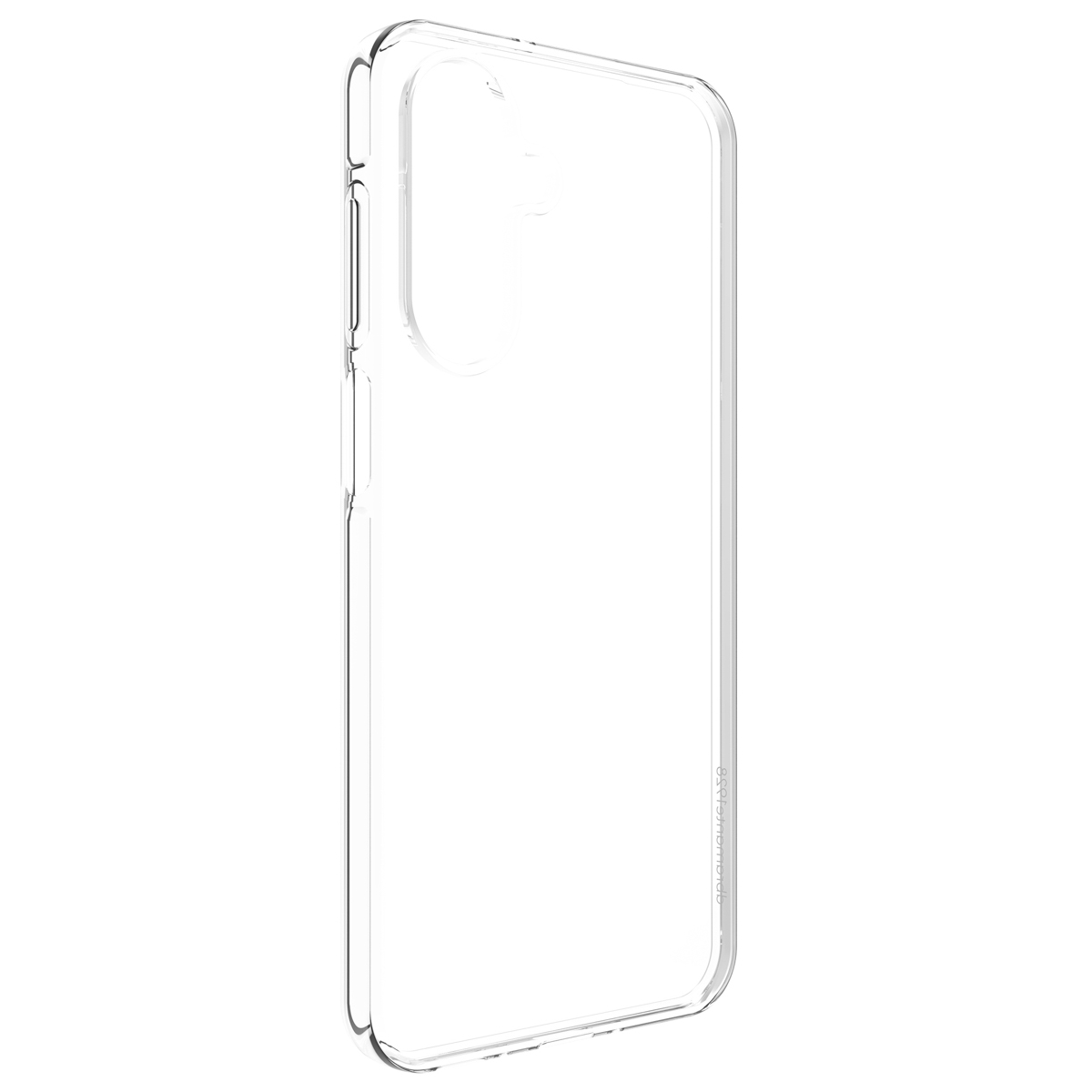 Eine durchsichtige Silikon-Smartphone-Hülle von hinten vor weißem Hintergrund.
