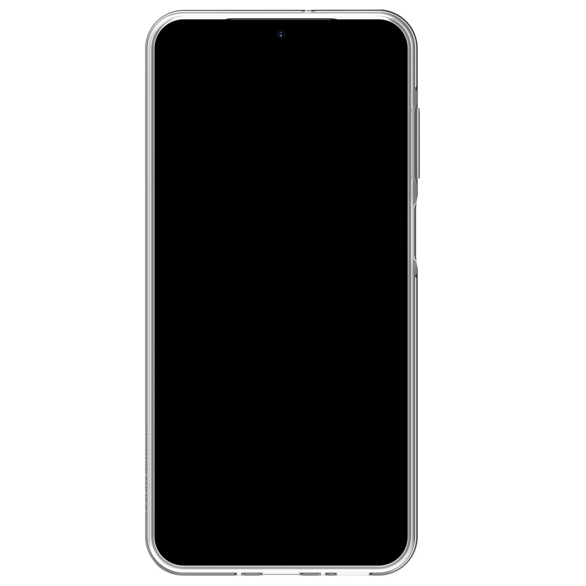 Ein Smartphone mit schwarzem Display in einer klaren Schutzhülle, frontal abgebildet.