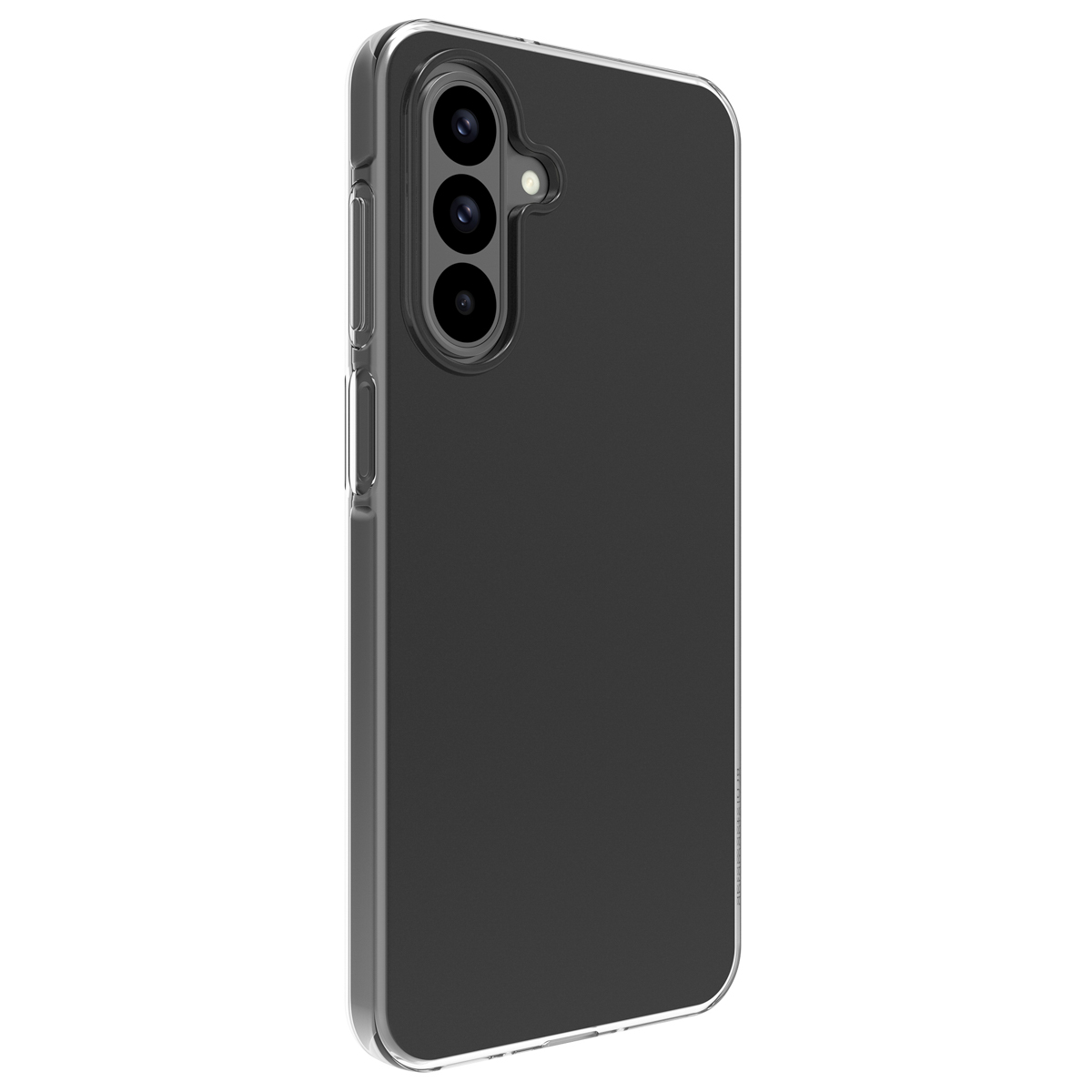 Ein Smartphone mit transparenter Schutzhülle und vertikaler Dreifachkamera auf der grauen Rückseite.