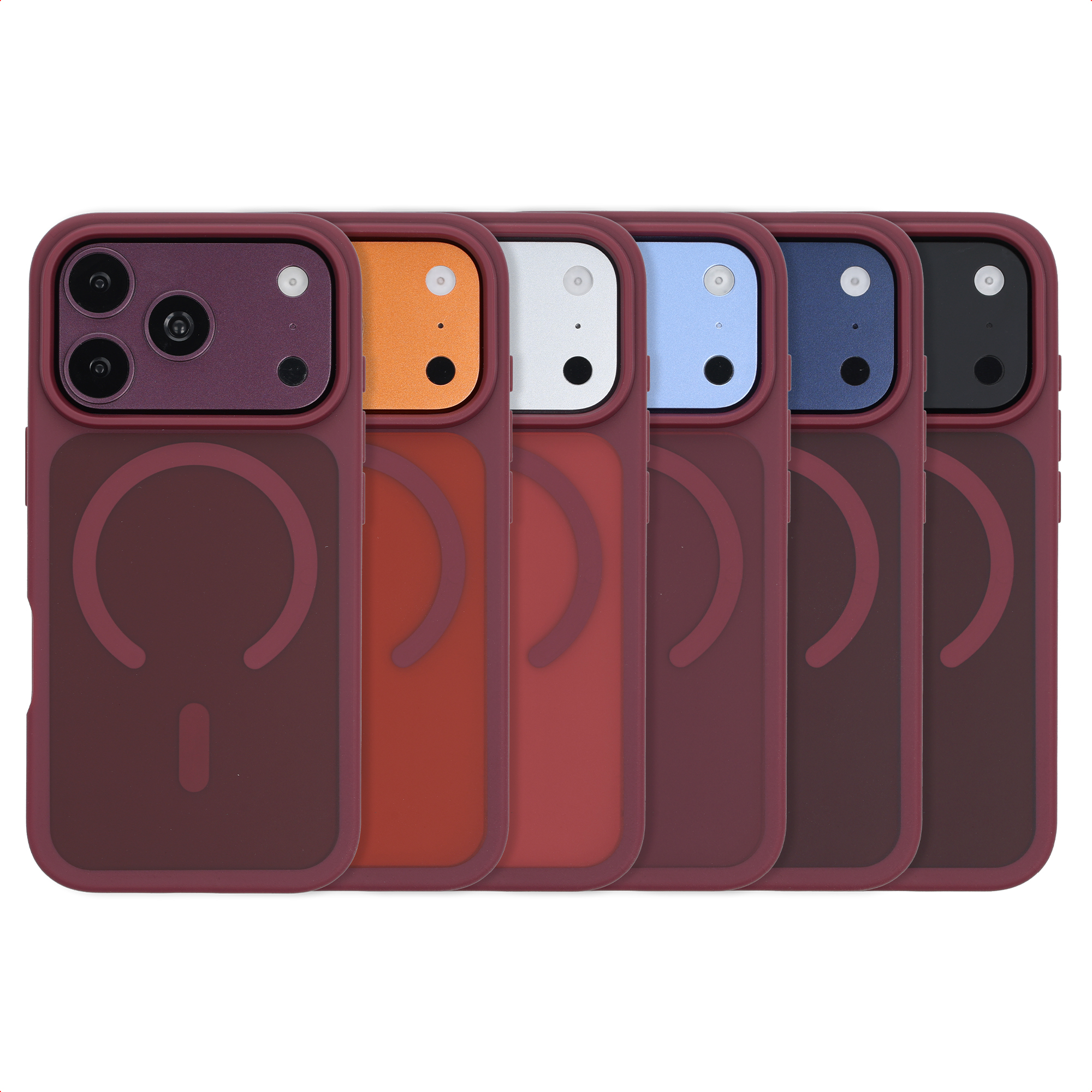 Sechs rote Smartphone-Hüllen mit bunten Kamerabereichen nebeneinander.