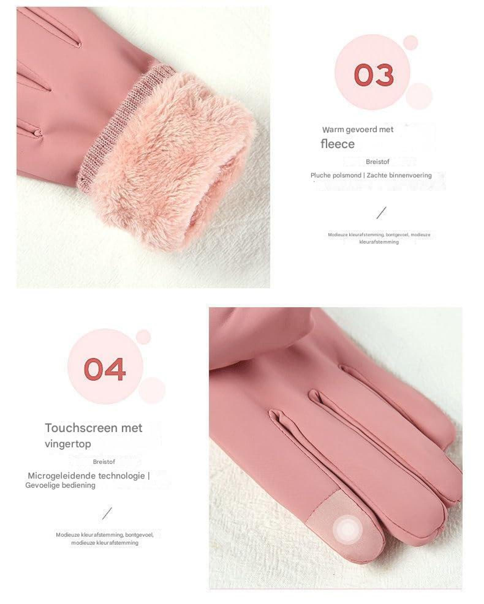 Rosa Damenhandschuhe mit Plüschbündchen und Touchscreen-Funktion.