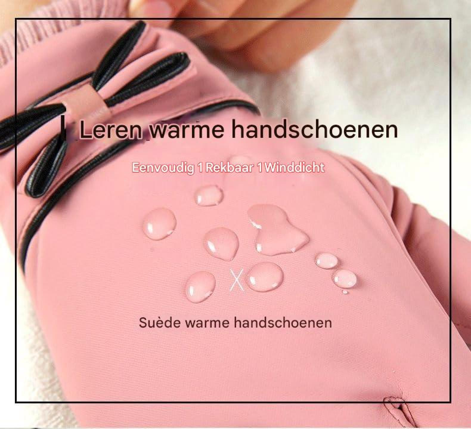 Rosa, winddichte Suede-Handschuhe mit Wassertropfen und Text.