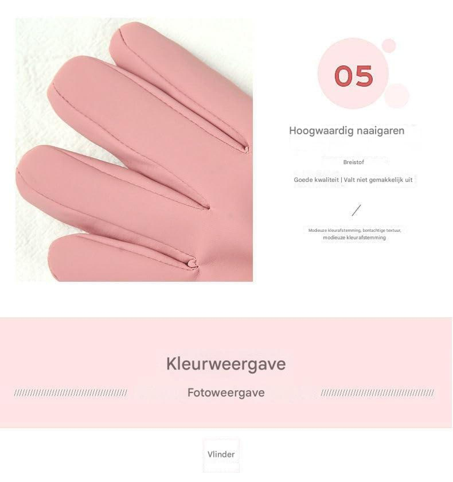 Nahaufnahme eines rosafarbenen Handschuhs mit sauberer Naht, begleitet von niederländischem Text und der Nummer 05.