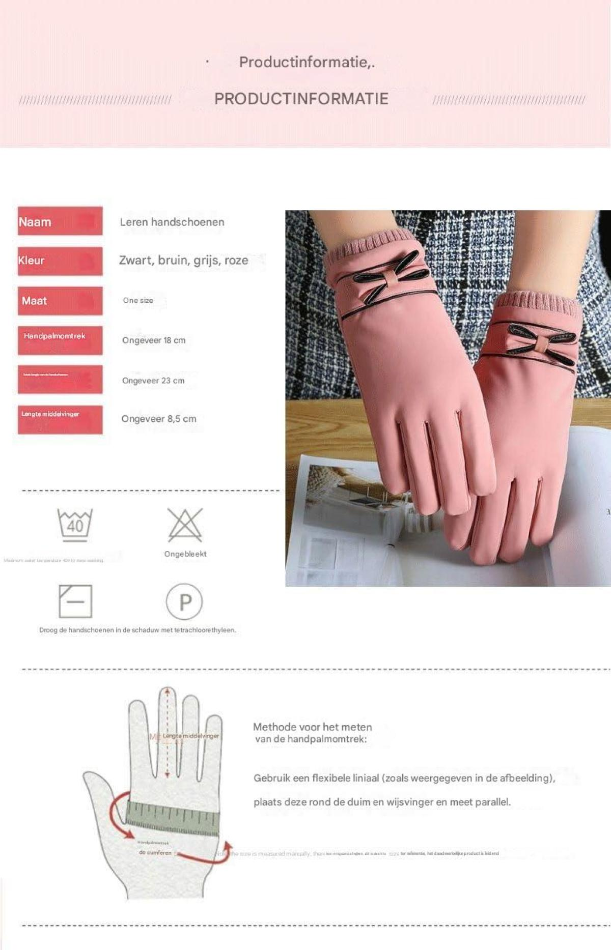 Produktinformation zu rosa Lederhandschuhen mit Schleife und Maßtabelle auf Niederländisch.