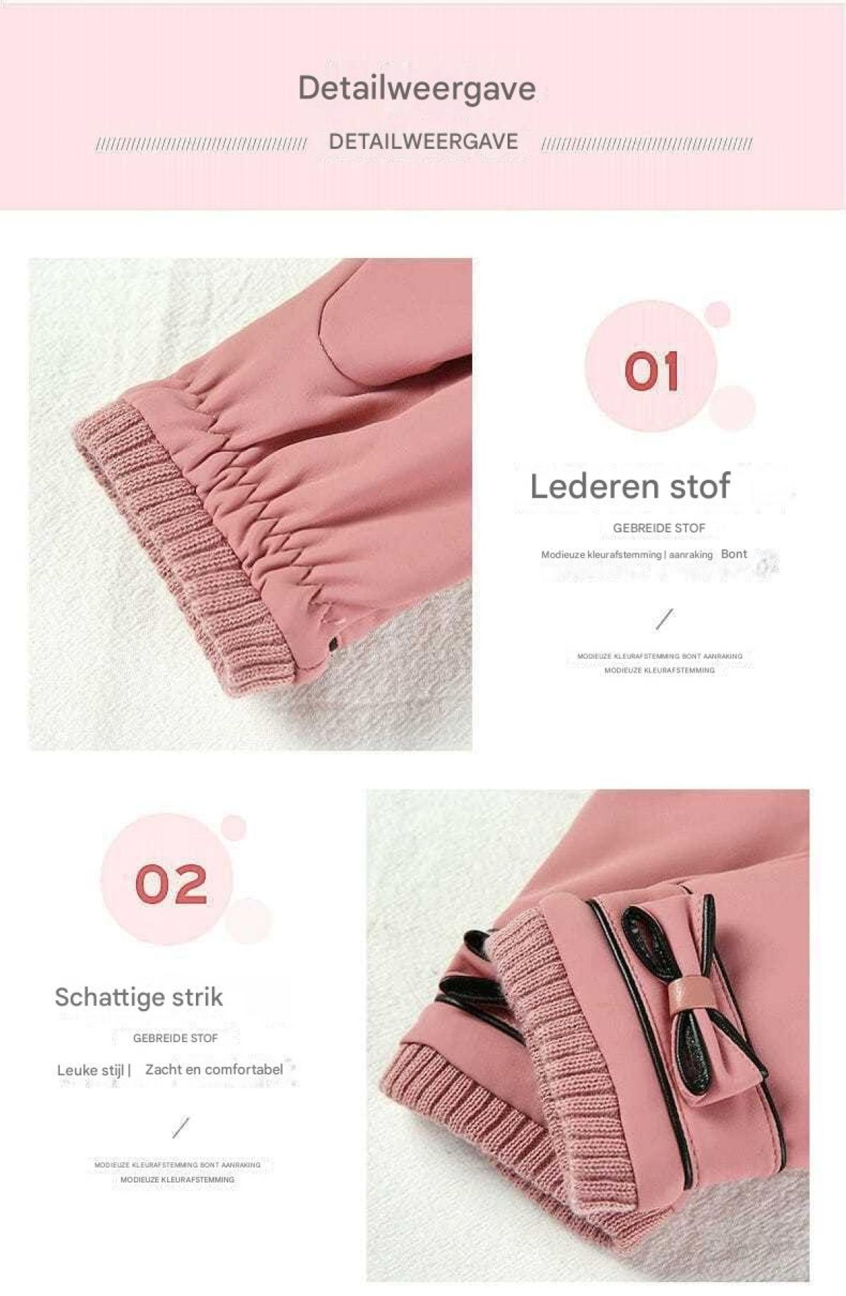 Rosa Handschuhe mit gestrickten Bündchen und einer Schleife im Detail.