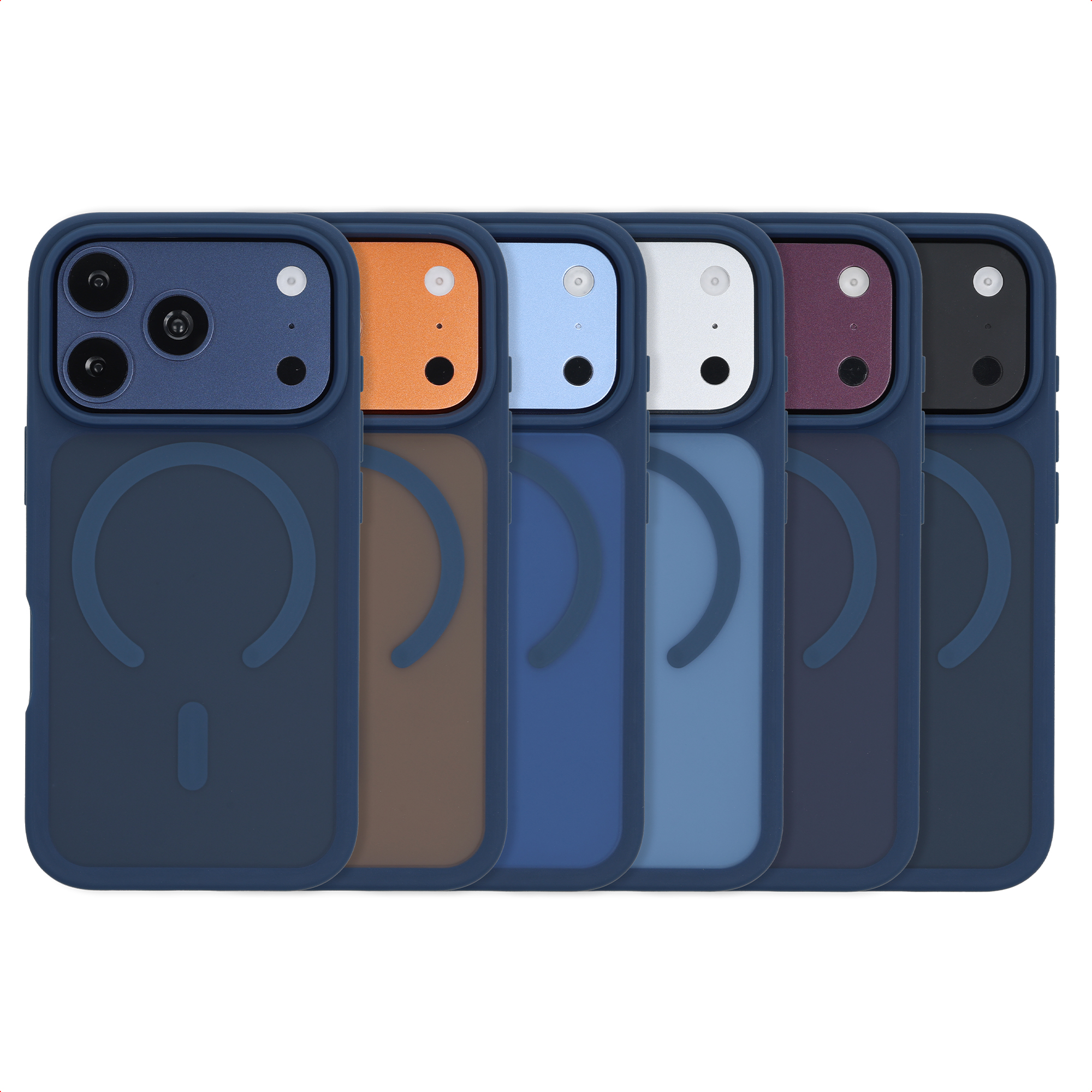 Sechs Smartphone-Hüllen mit dunkelblauen Rahmen und verschiedenfarbigen Rückseiten und Magnetring-Logo.