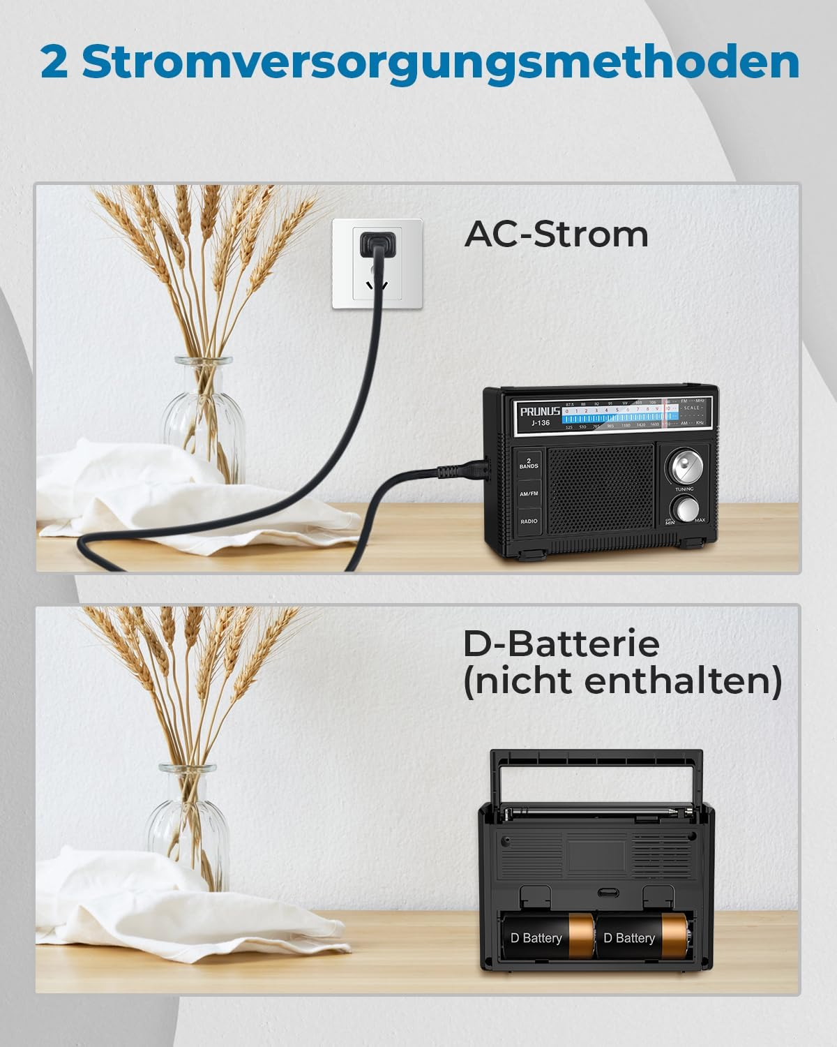 Ein Bild zeigt zwei Stromversorgungen für ein Radio: AC-Strom über Steckdose und zwei D-Batterien.