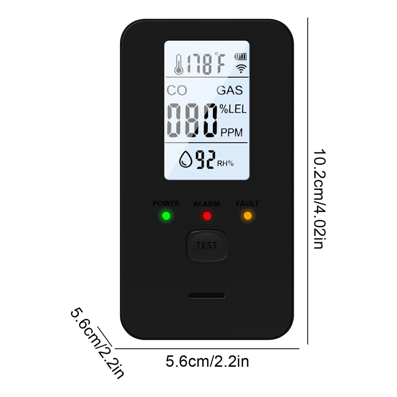 Schwarzes Kohlenmonoxid- und Gaswarngerät mit digitalem Display, LED-Anzeigen und Maßangaben.