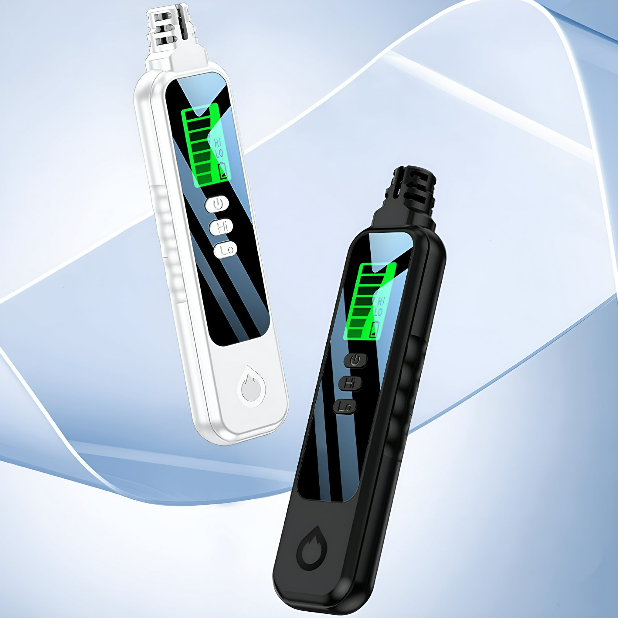 Zwei digitale Wassertester, einer weiß und einer schwarz, mit grüner Batterieanzeige auf blauem Hintergrund.