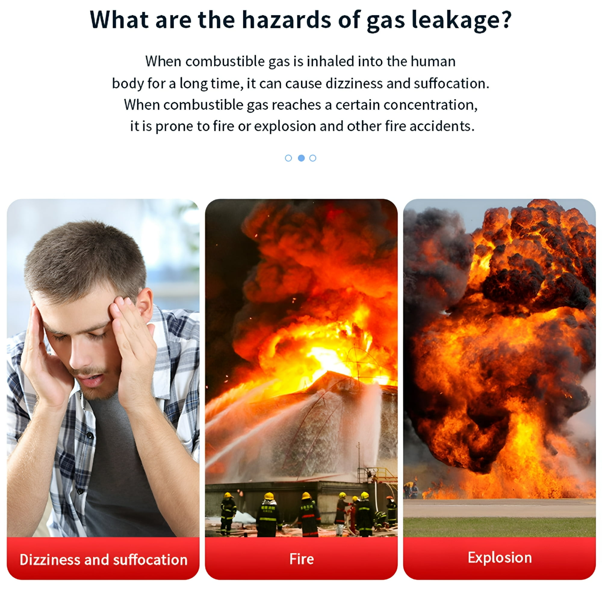 Infografik zeigt Gasleckgefahren: Schwindel, Feuer und Explosion.