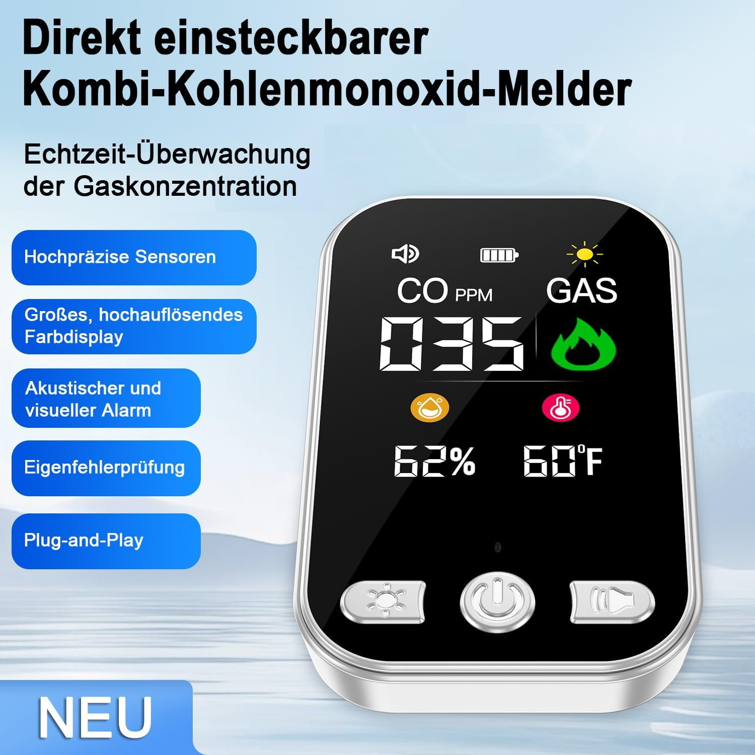 Digitale CO-Gaswarnanzeige mit Display, das Messwerte, Feuchtigkeit und Temperatur zeigt.