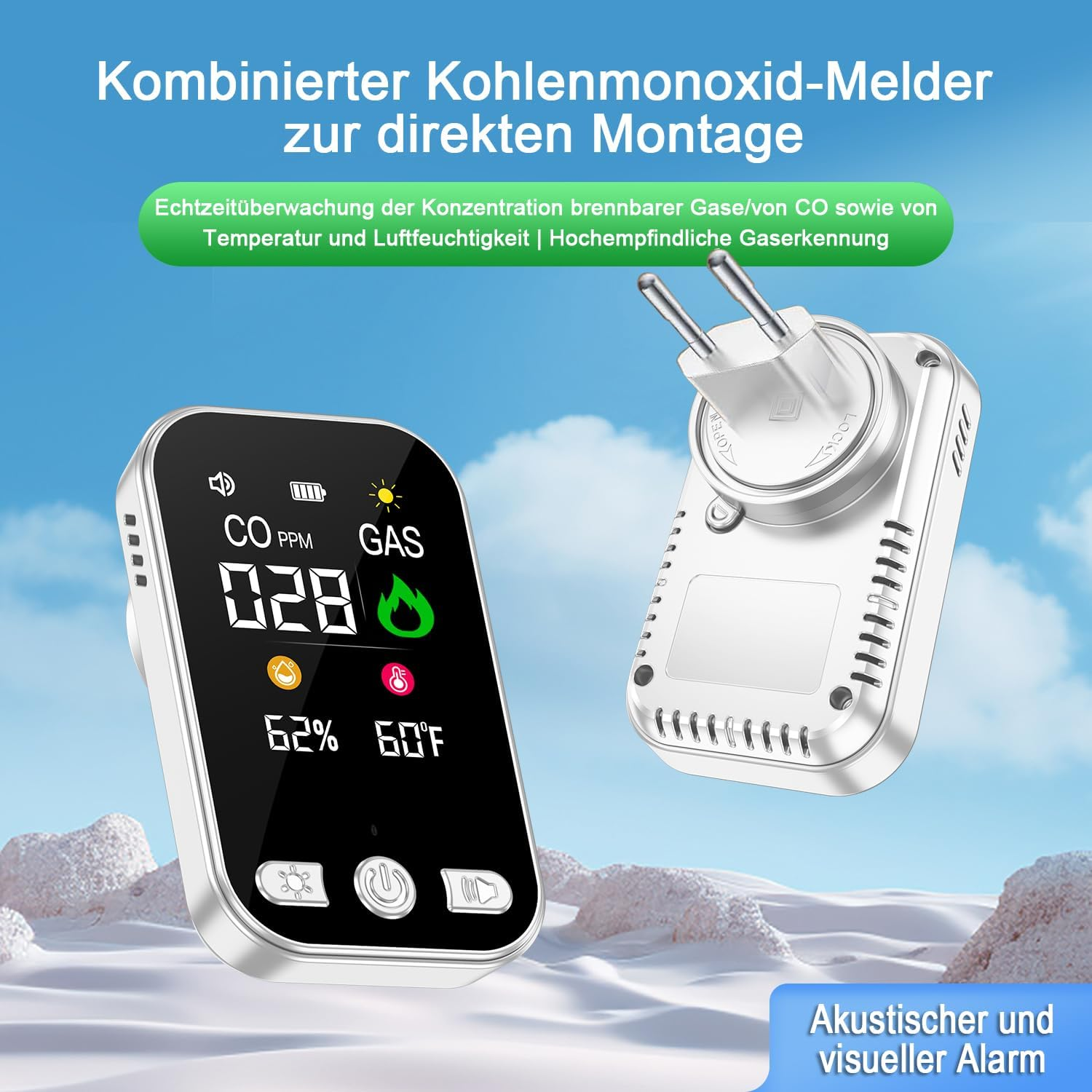 Kombinierter Kohlenmonoxidmelder mit digitalem Display und Stecker vor einem blauen Himmel.