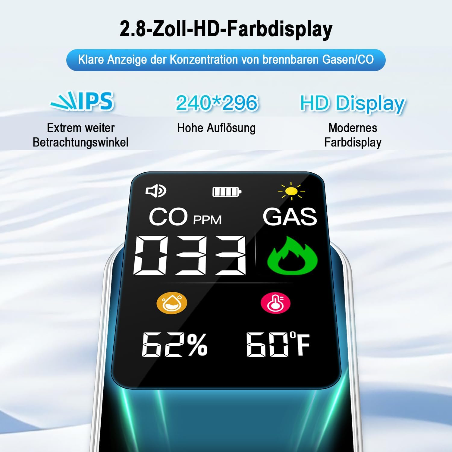Produktgrafik zeigt Gas- und CO-Detektor mit 2,8-Zoll-HD-Farbdisplay und klaren Messwerten.