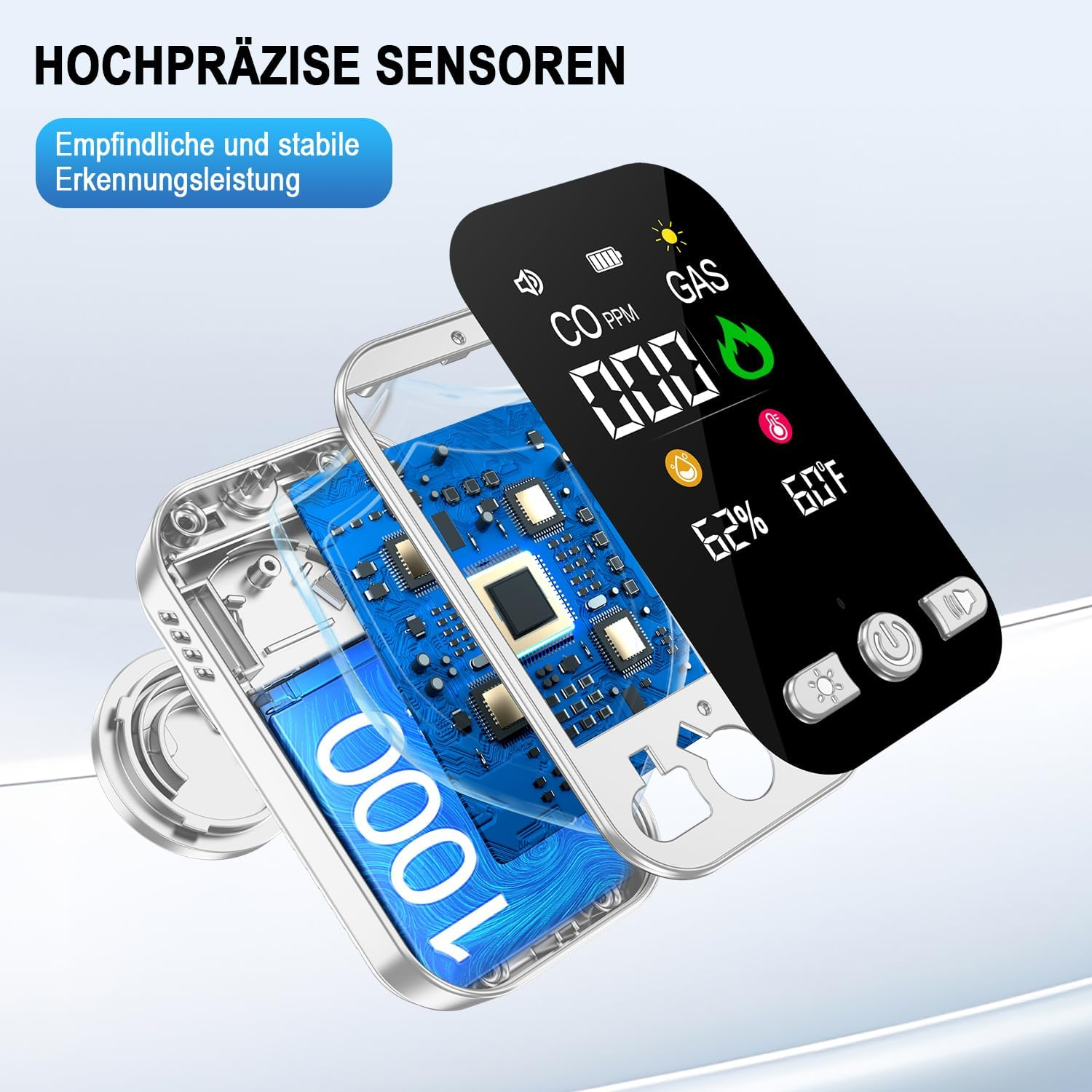 Explosionszeichnung eines Gasdetektors mit Display, blauer Platine und Akku.