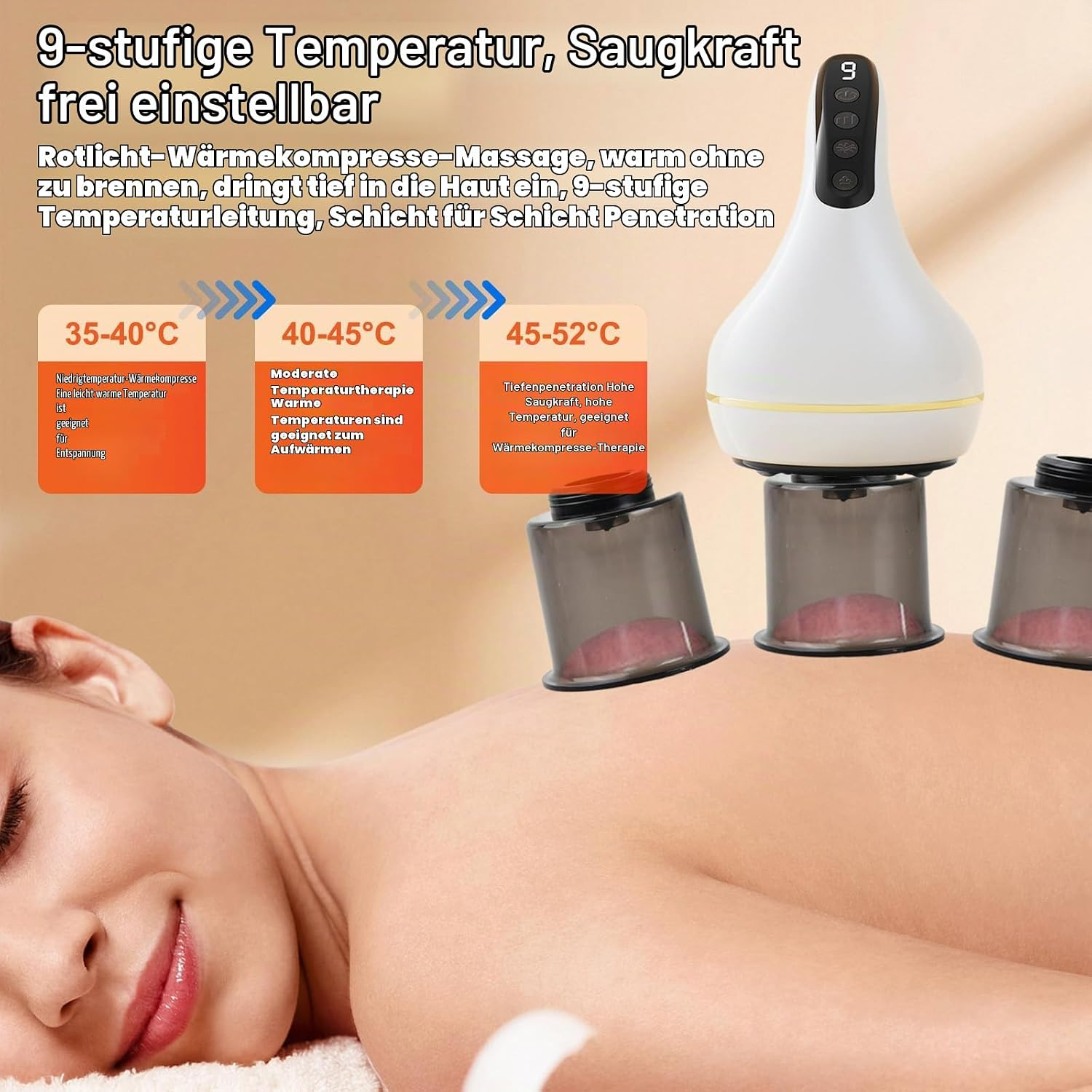 Eine Person erhält eine Schröpfmassage mit einem weißen Gerät und Temperaturanzeigen.