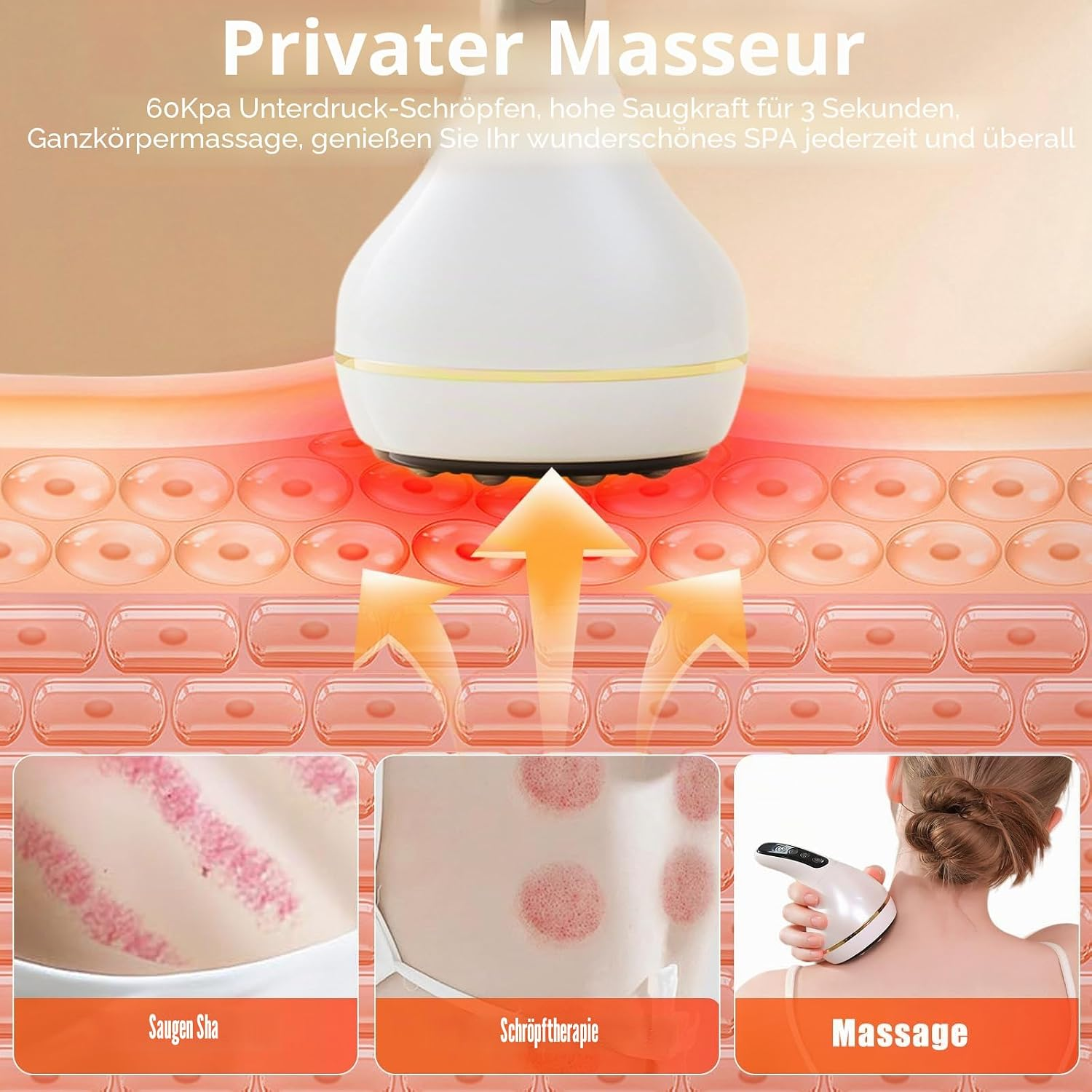 Ein weißes Massagegerät wird auf der Haut angewendet, mit Diagrammen und Beispielen unten.