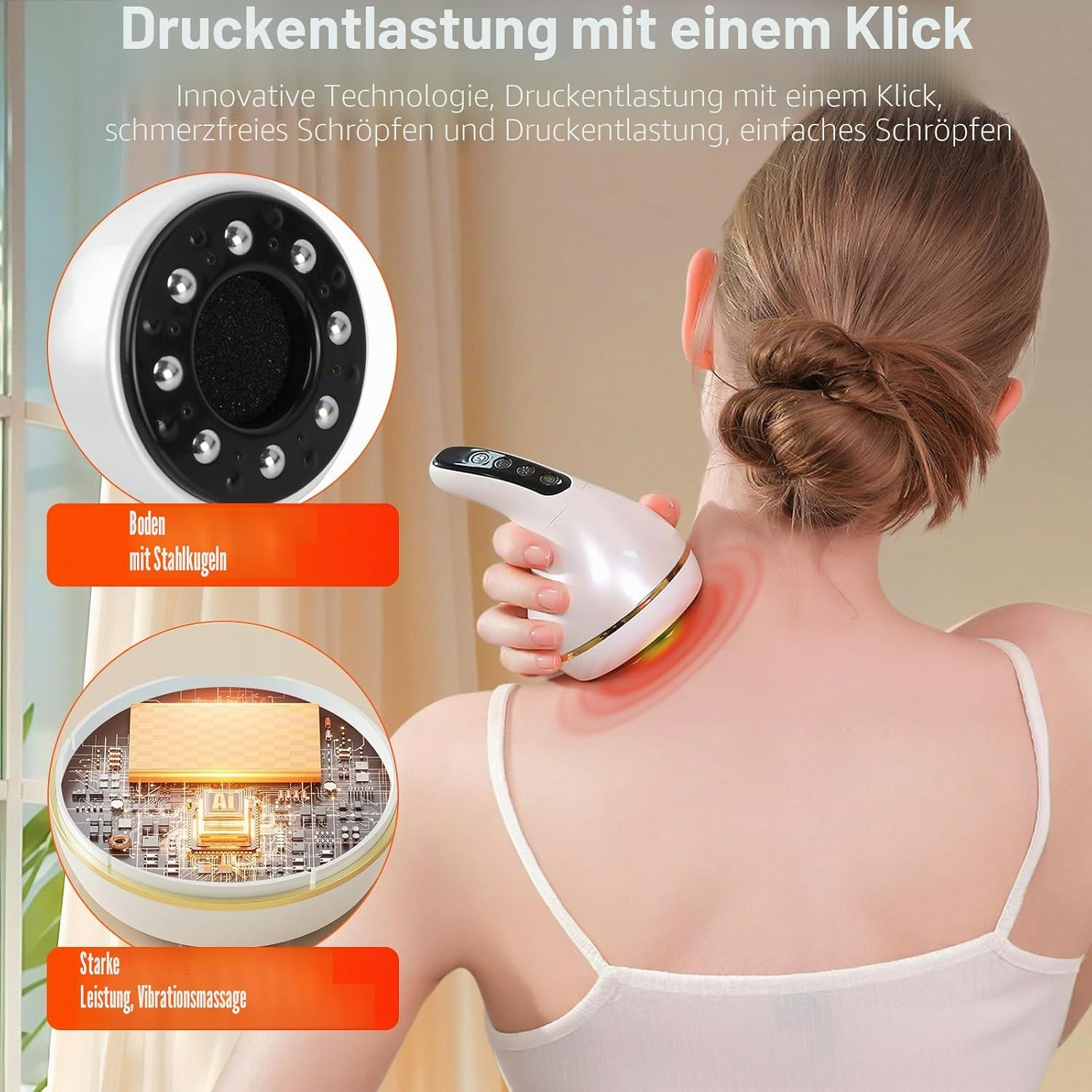 Eine Frau benutzt ein weißes Massagegerät am Nacken mit Insets von Innereien und Stahlkugeln.
