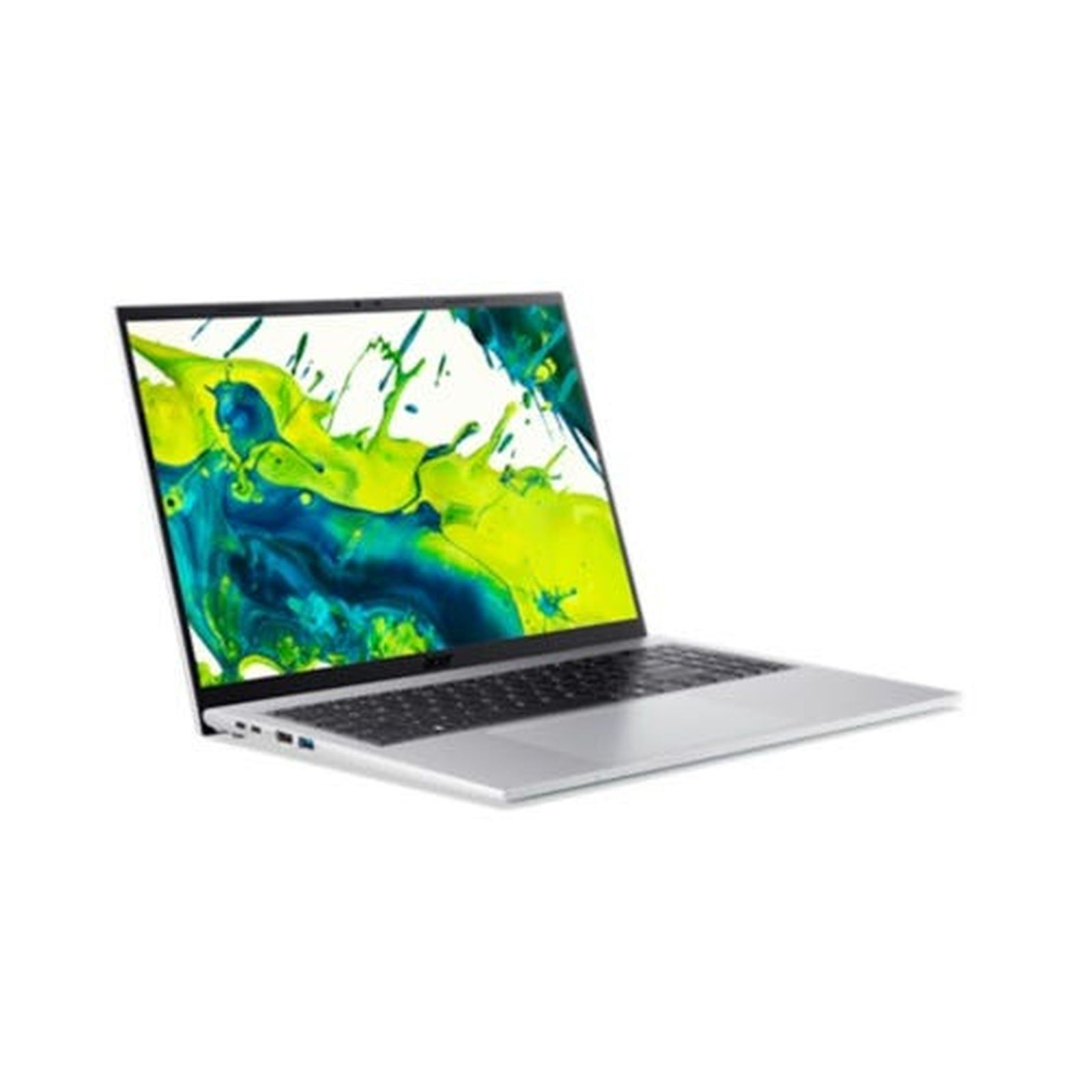 Ein silberner Laptop mit schwarzer Tastatur zeigt einen Bildschirm mit grün-blauem Farbverlauf gegen einen weißen Hintergrund.