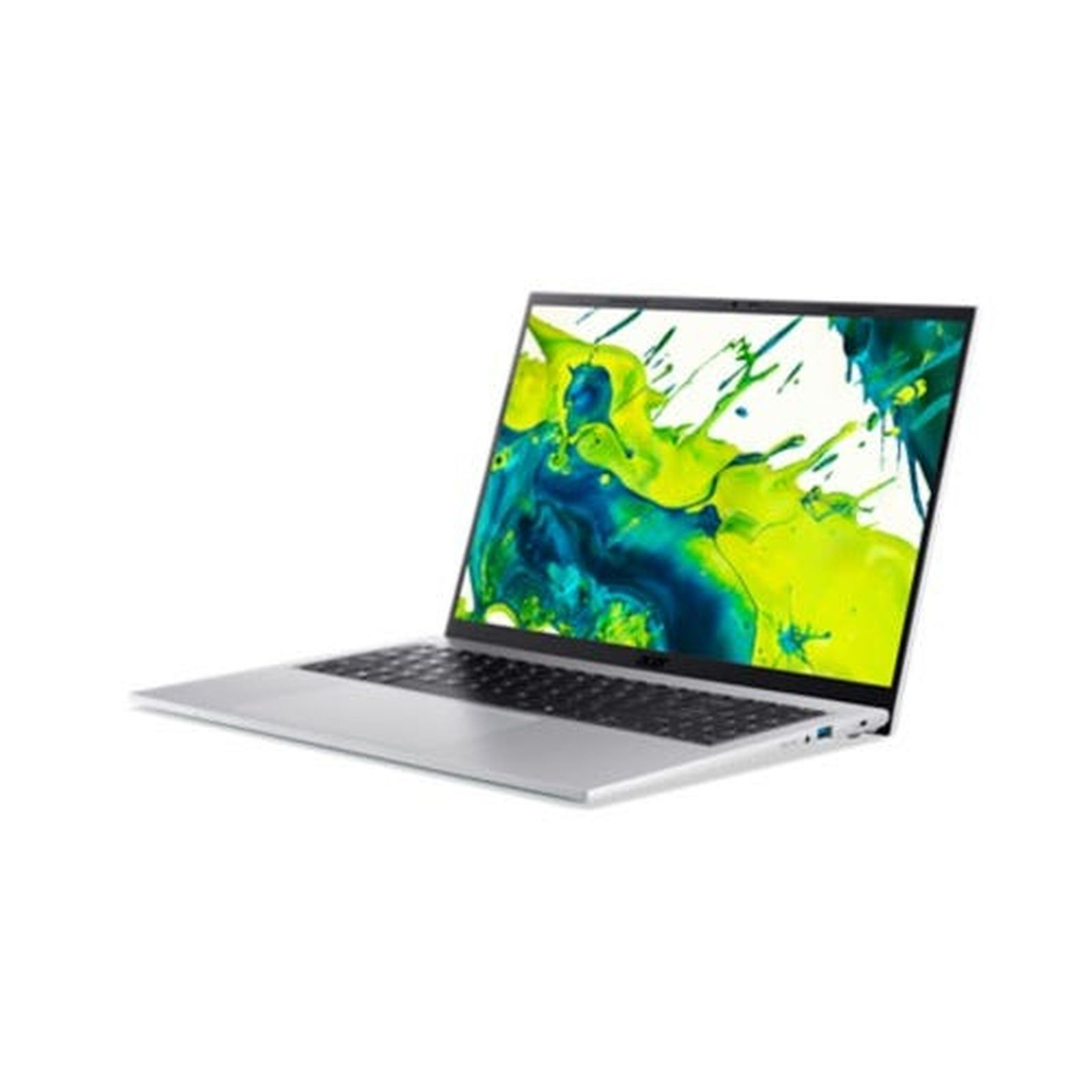 Ein silberner Laptop ist vor weißem Hintergrund geöffnet und zeigt eine grüne und blaue abstrakte Tapete auf dem Bildschirm.